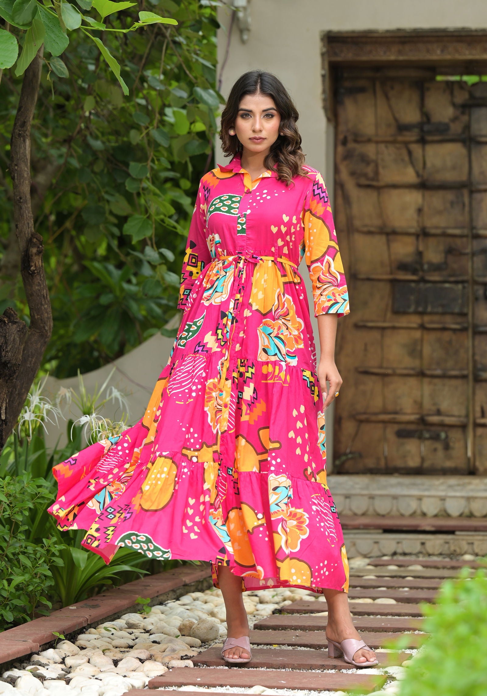 Juniper Fuchsia Geometric Printed Cambric Dress With Buttons & Doris On Waist 