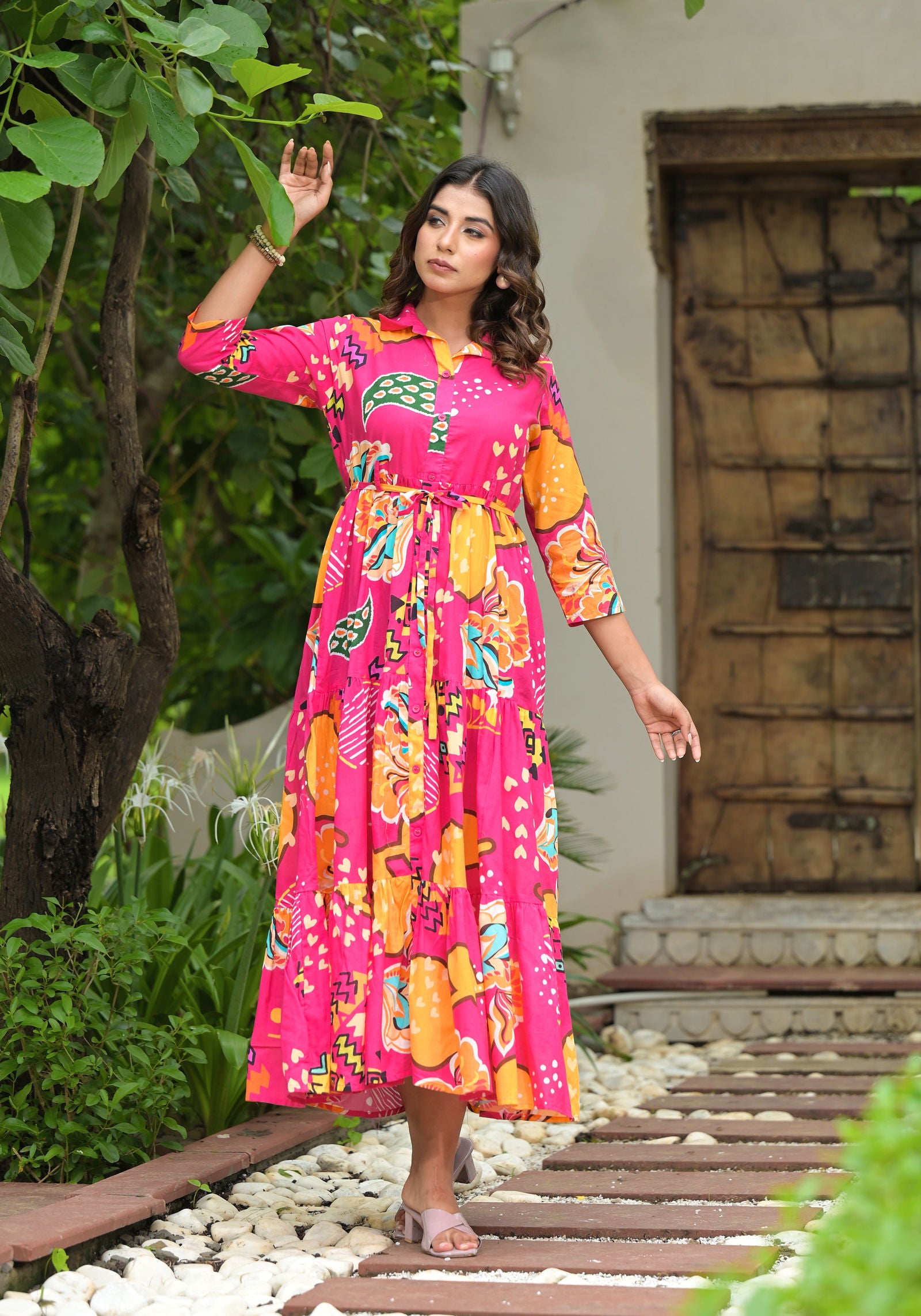 Juniper Fuchsia Geometric Printed Cambric Dress With Buttons & Doris On Waist 