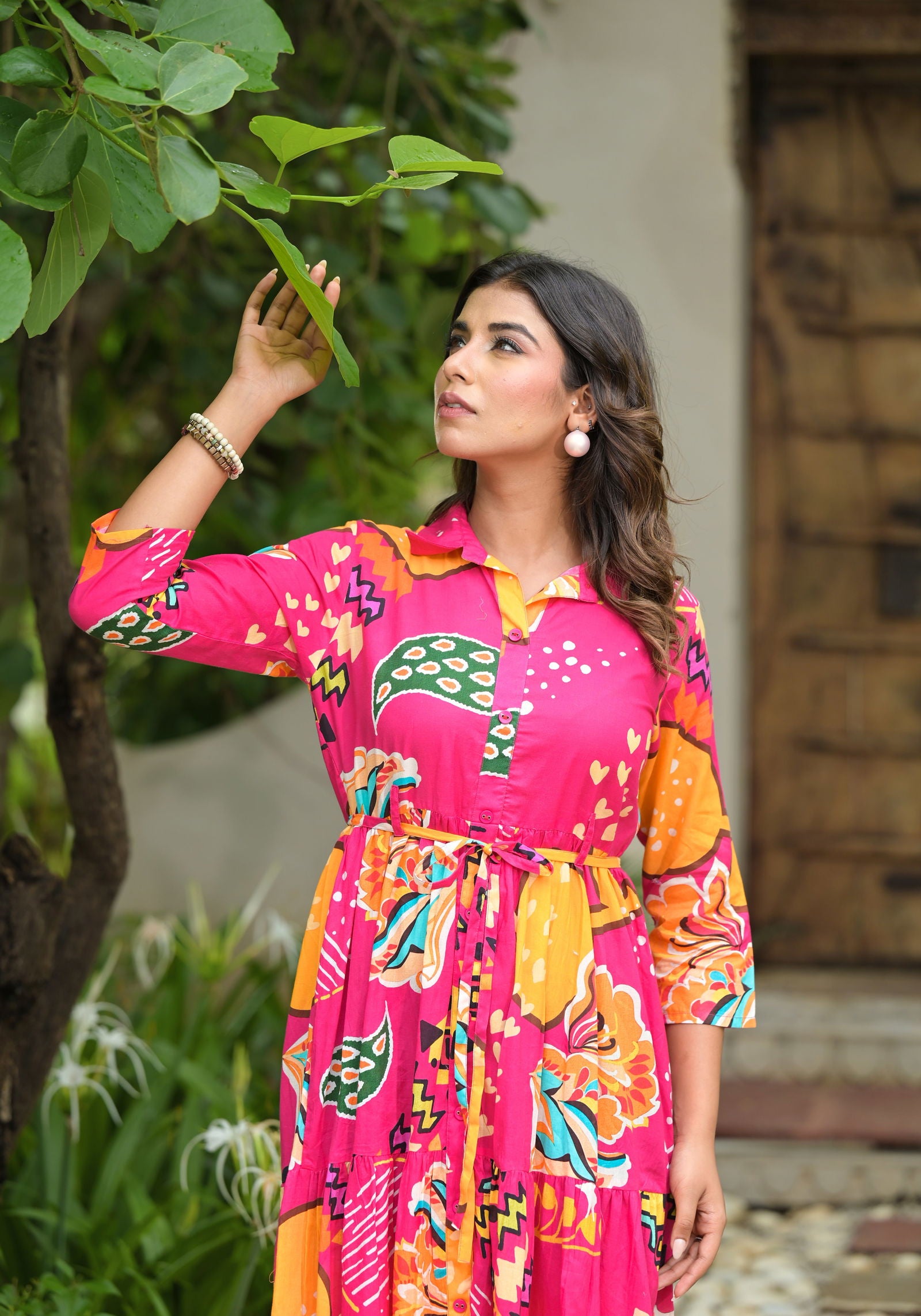 Juniper Fuchsia Geometric Printed Cambric Dress With Buttons & Doris On Waist 