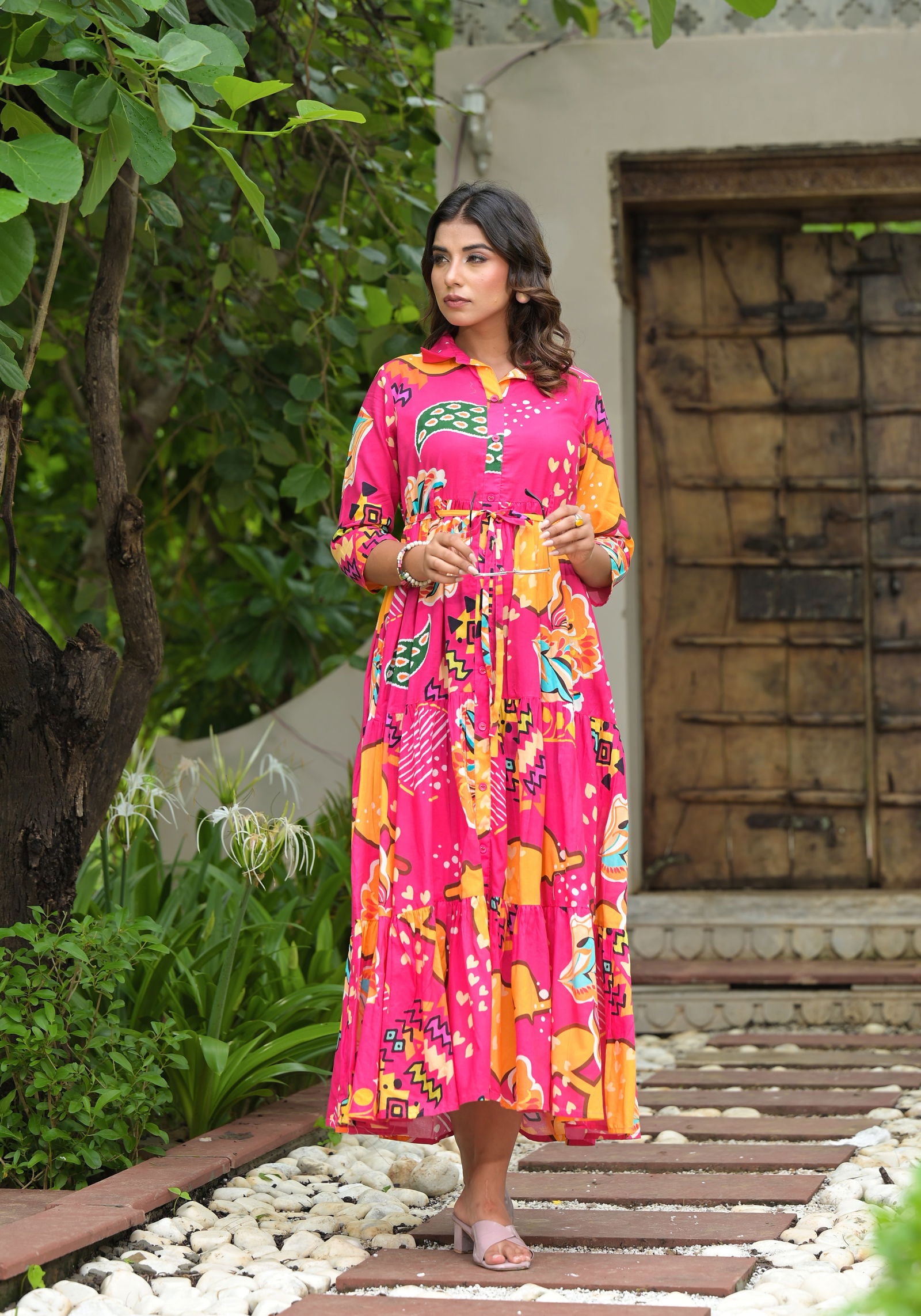 Juniper Fuchsia Geometric Printed Cambric Dress With Buttons & Doris On Waist 