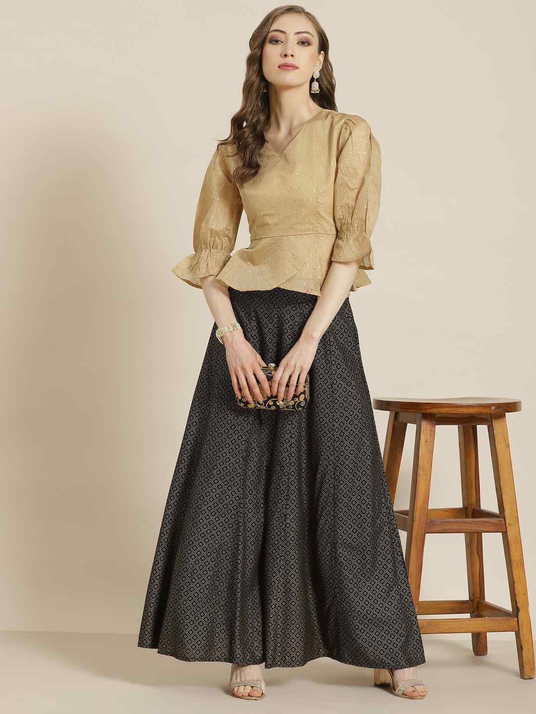 Juniper Gold Chanderi Emboss Print Peplum Blouse 