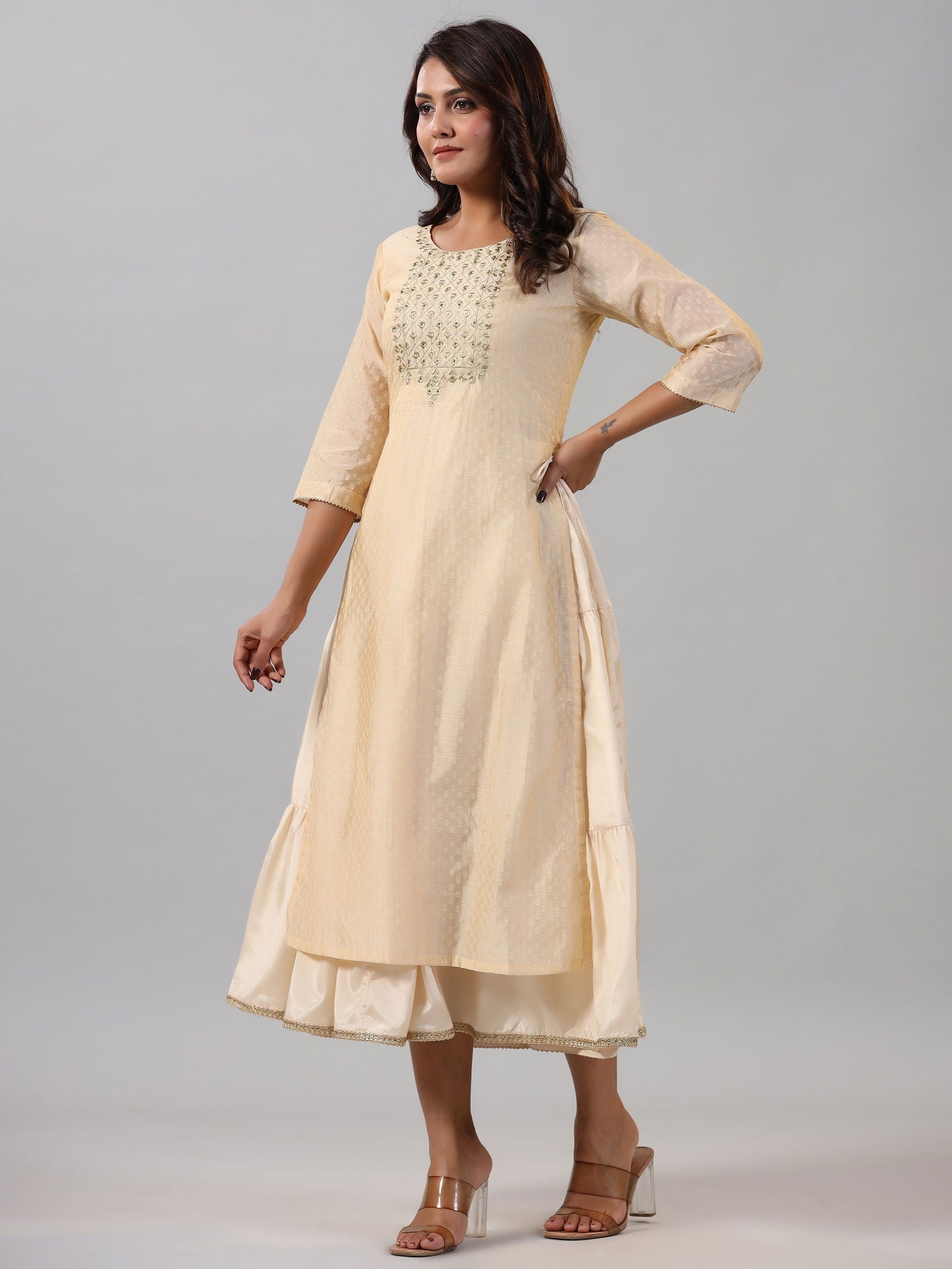 Juniper Gold Chanderi Ethnic Motif Printed Layered Maxi Dress with Zari Embroidery 