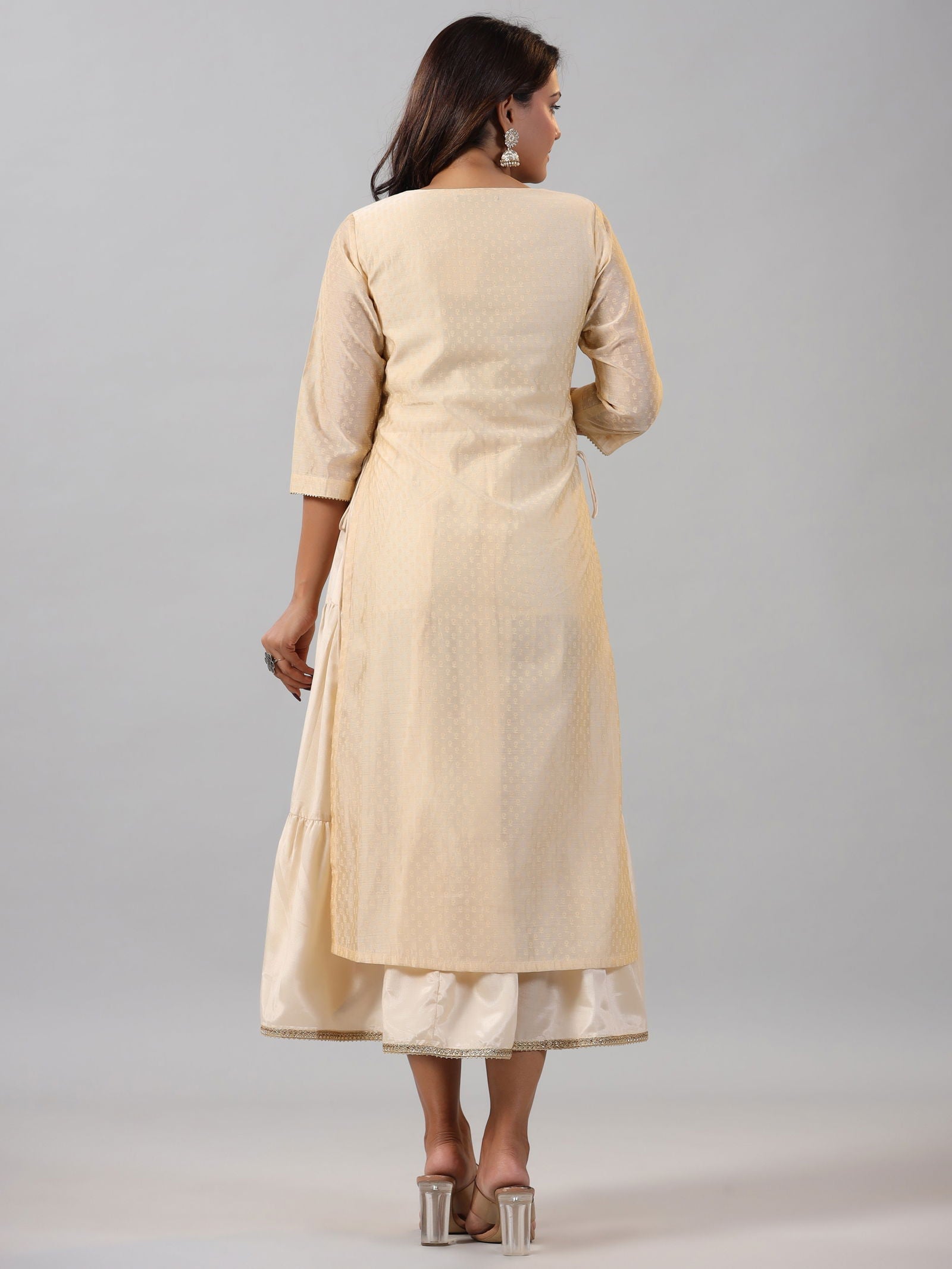 Juniper Gold Chanderi Ethnic Motif Printed Layered Maxi Dress with Zari Embroidery 