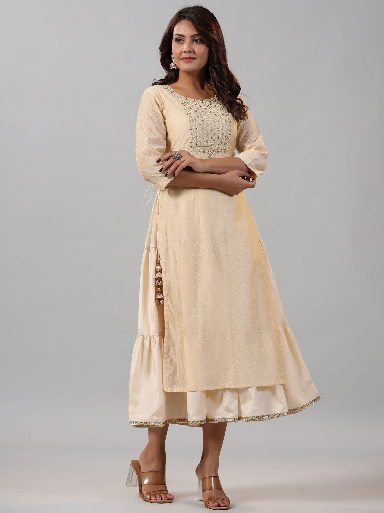 Juniper Gold Chanderi Ethnic Motif Printed Layered Maxi Dress with Zari Embroidery 