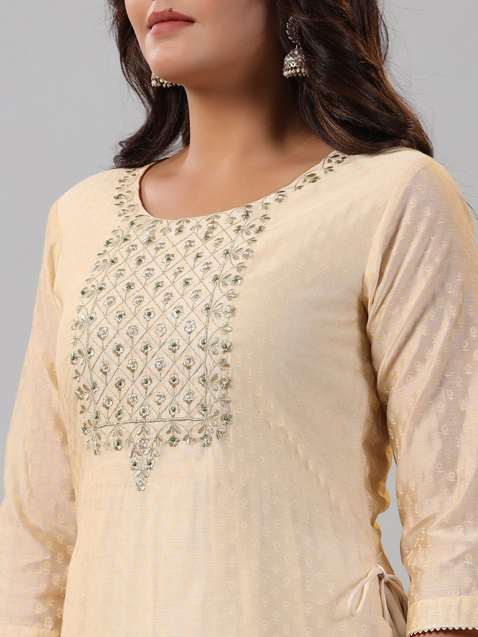Juniper Gold Chanderi Ethnic Motif Printed Layered Maxi Dress with Zari Embroidery 