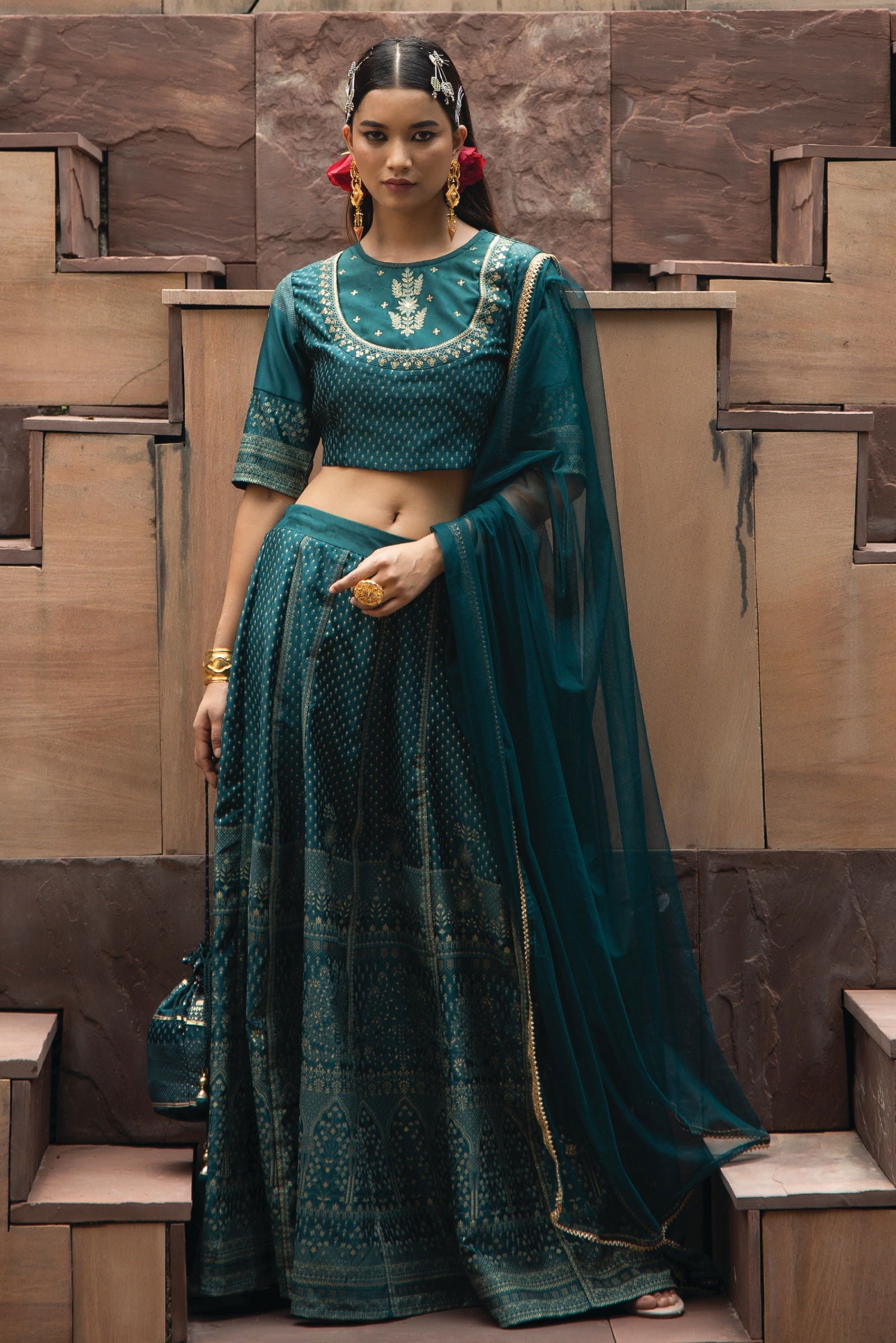 Juniper Gold Ethnic Motif Printed & Embroidered Dull Satin Lehenga Choli & Net Dupatta Set 