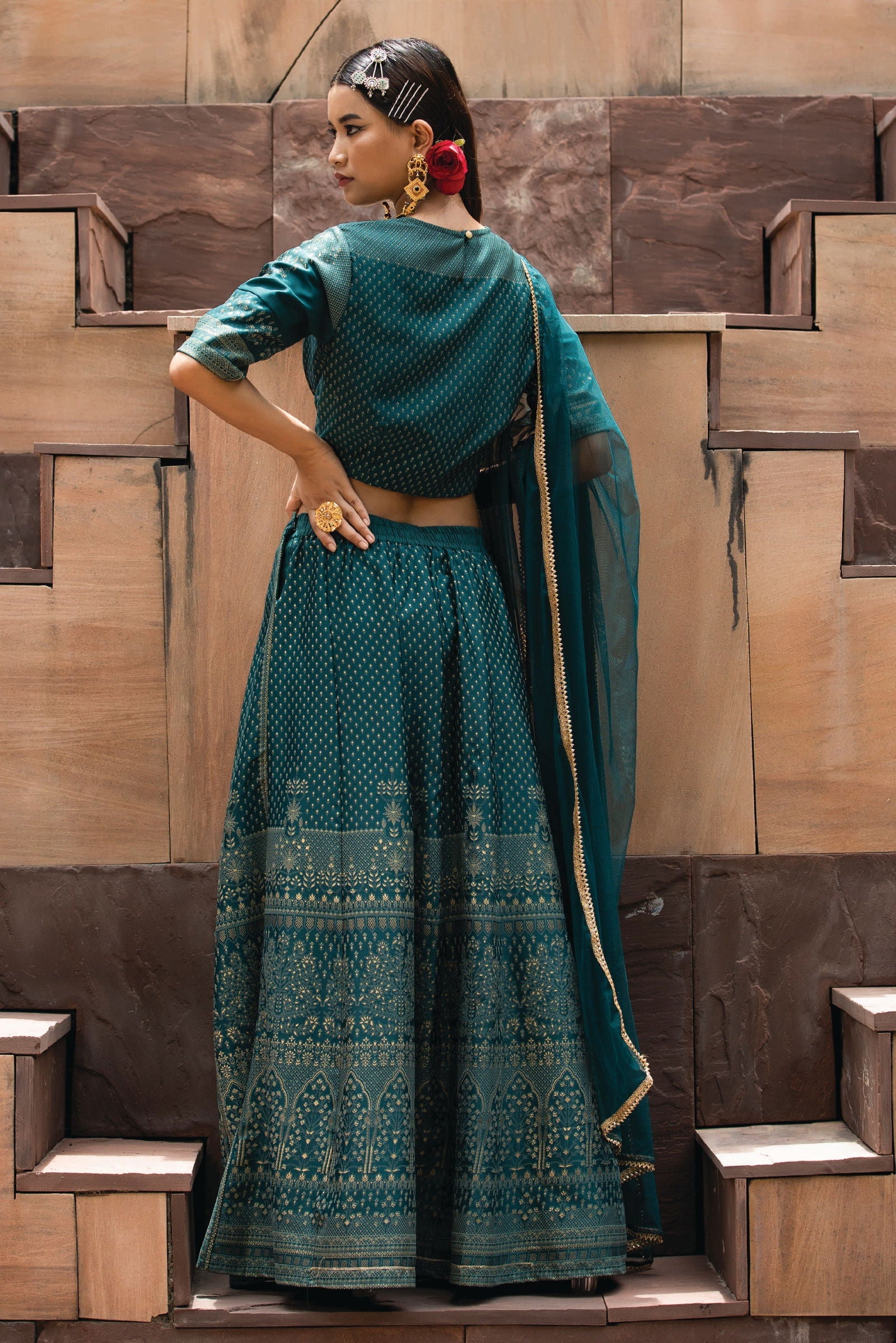 Juniper Gold Ethnic Motif Printed & Embroidered Dull Satin Lehenga Choli & Net Dupatta Set 