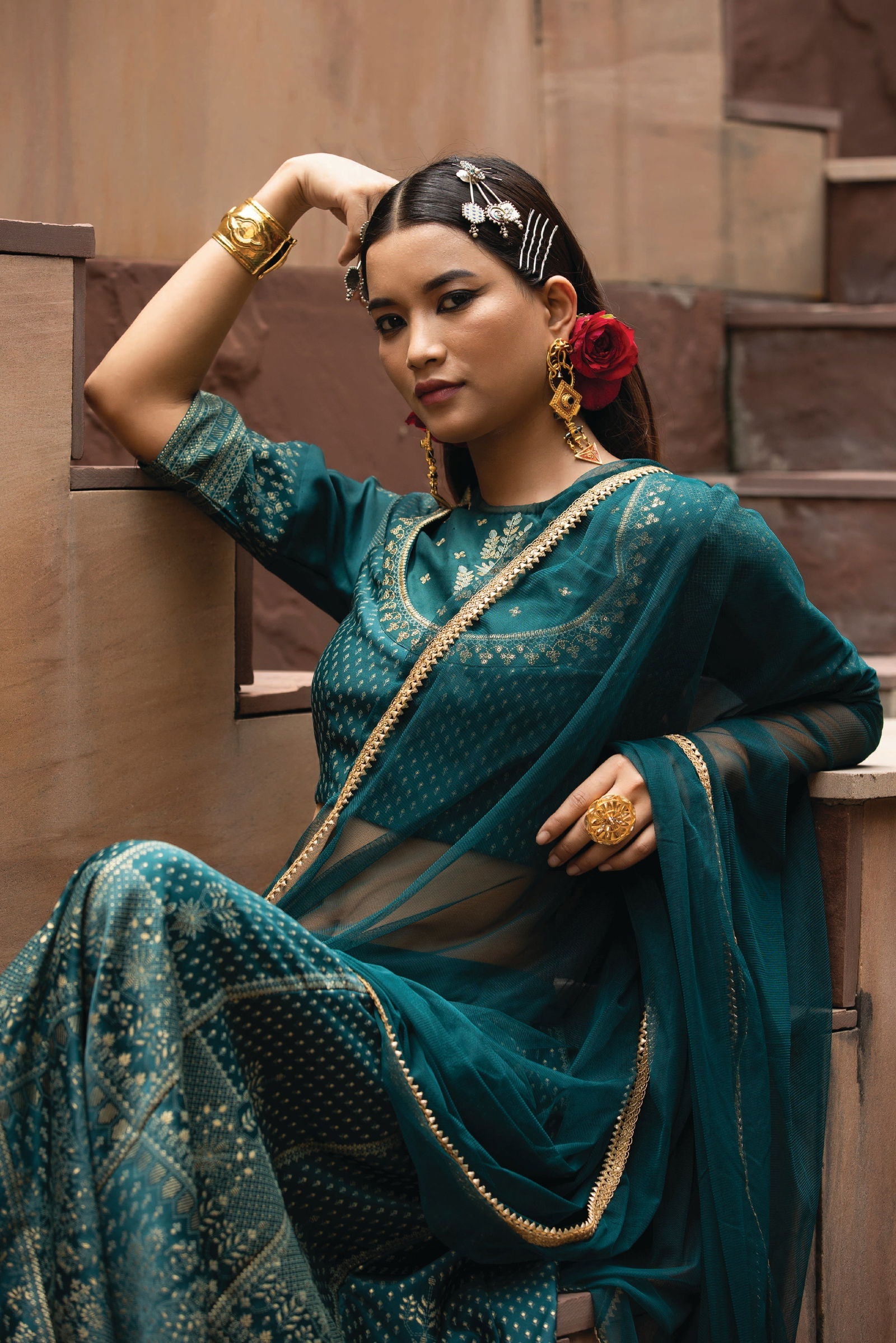 Juniper Gold Ethnic Motif Printed & Embroidered Dull Satin Lehenga Choli & Net Dupatta Set 