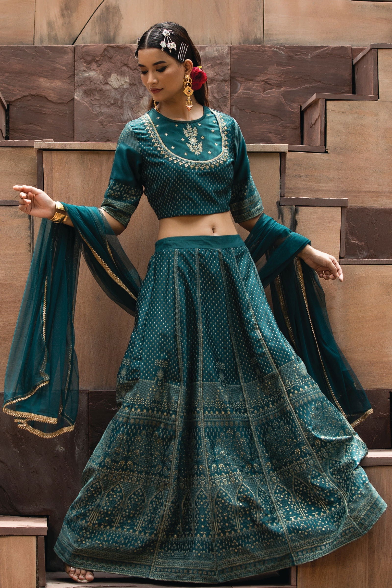 Juniper Gold Ethnic Motif Printed & Embroidered Dull Satin Lehenga Choli & Net Dupatta Set 