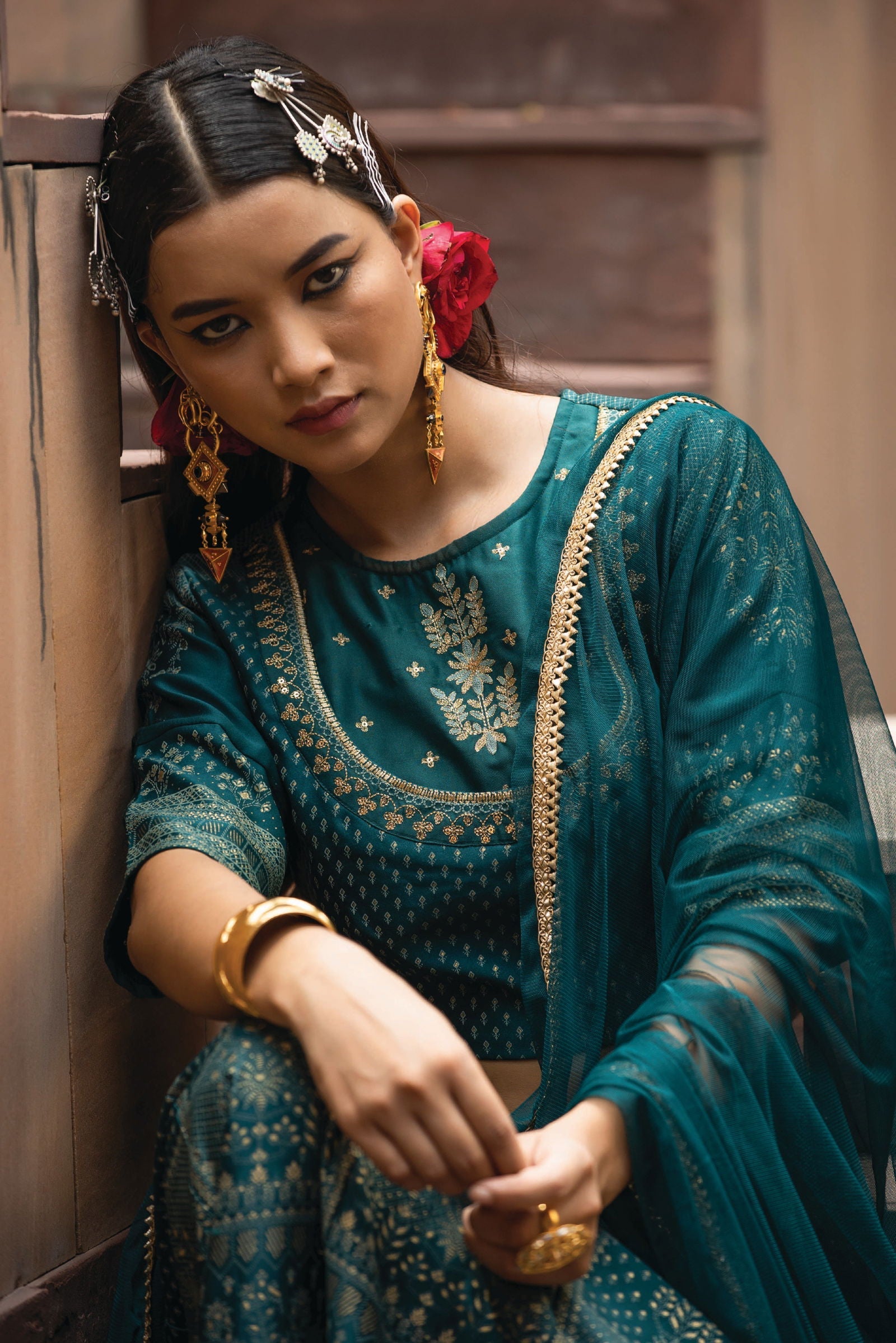 Juniper Gold Ethnic Motif Printed & Embroidered Dull Satin Lehenga Choli & Net Dupatta Set 