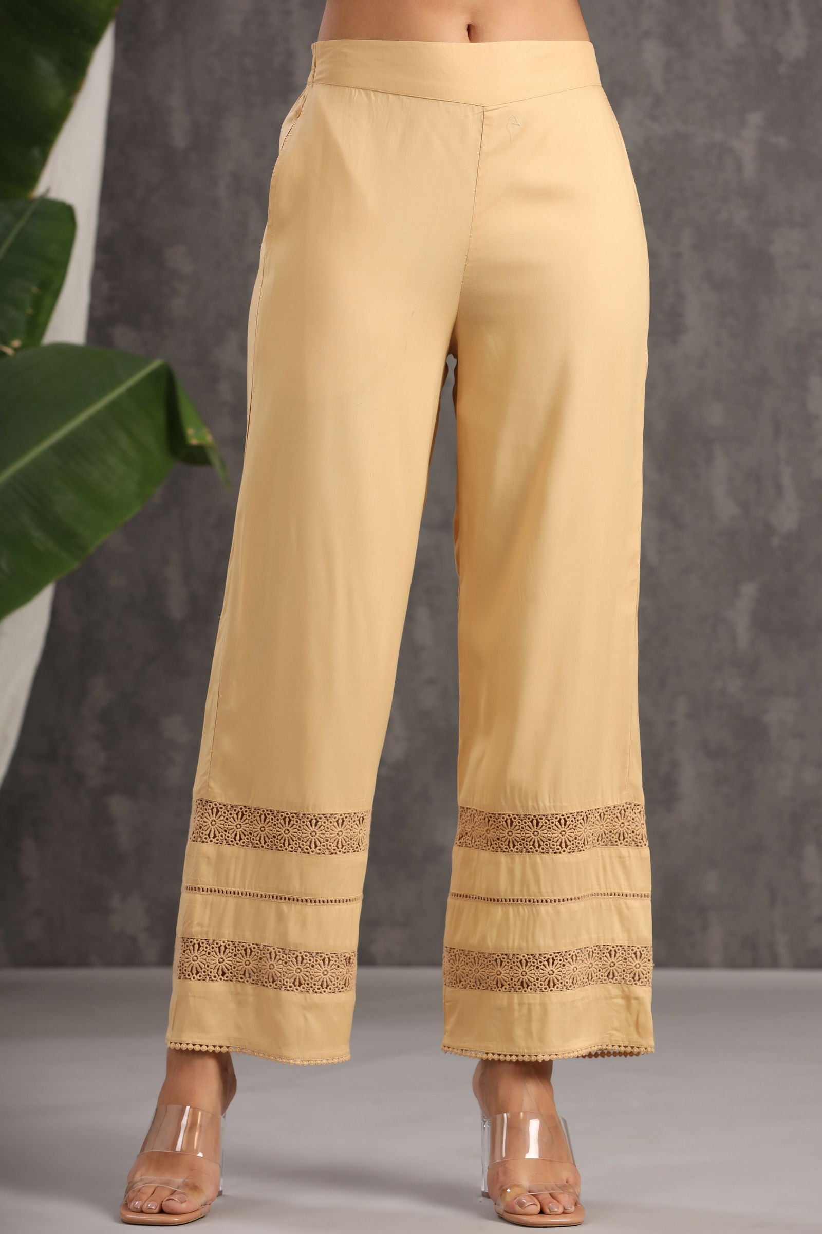 Juniper Gold LIVA Rayon Solid Flared Palazzo with Lacework 