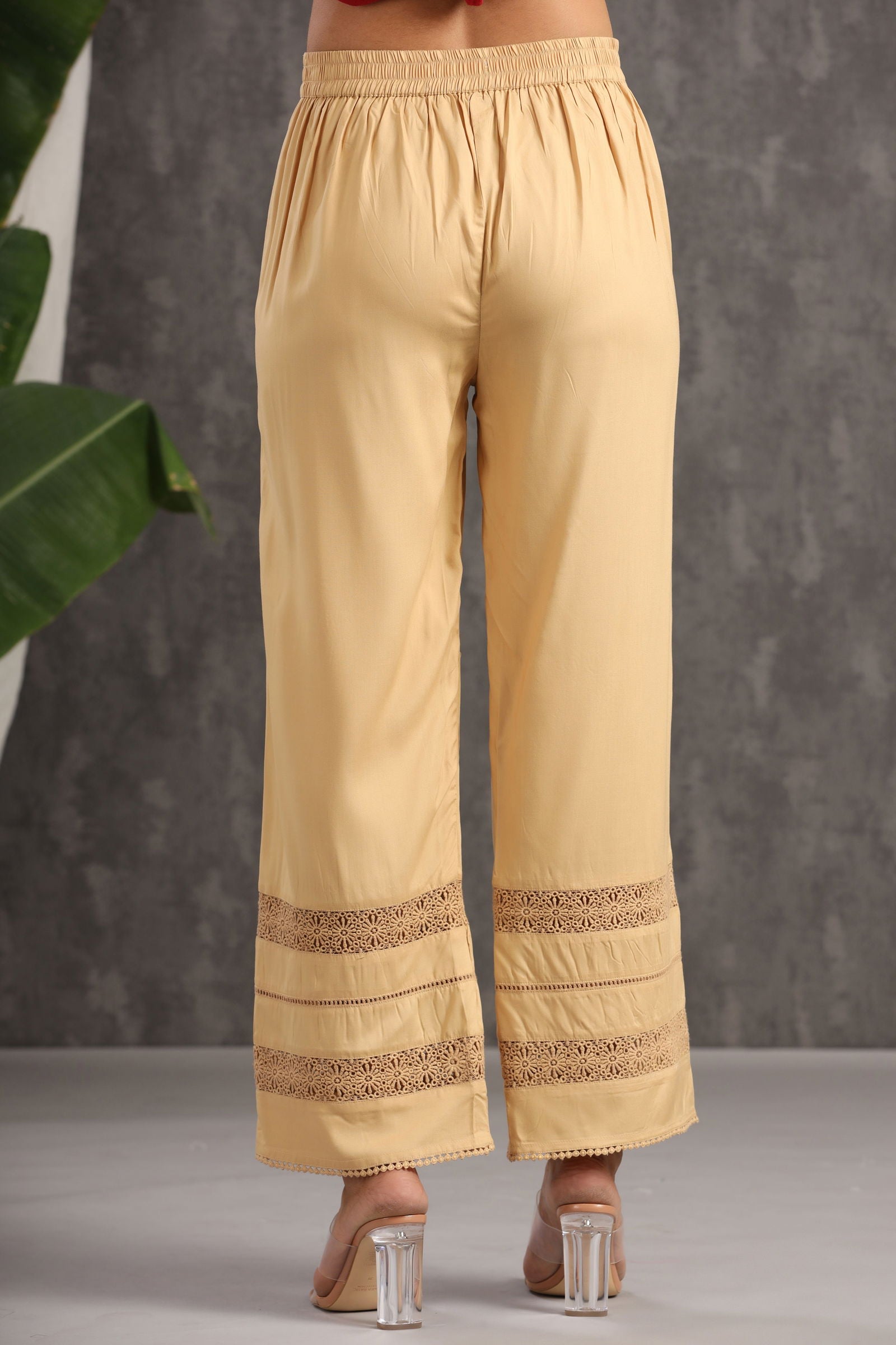 Juniper Gold LIVA Rayon Solid Flared Palazzo with Lacework 