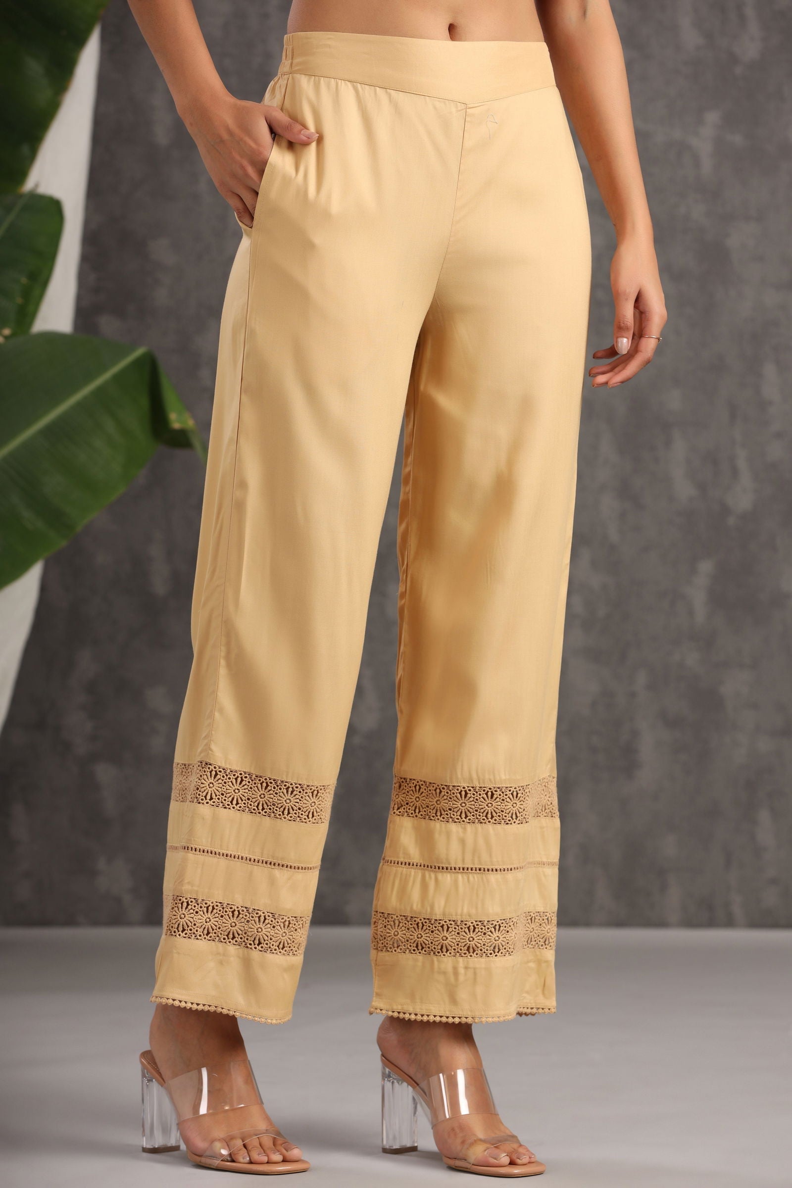 Juniper Gold LIVA Rayon Solid Flared Palazzo with Lacework 
