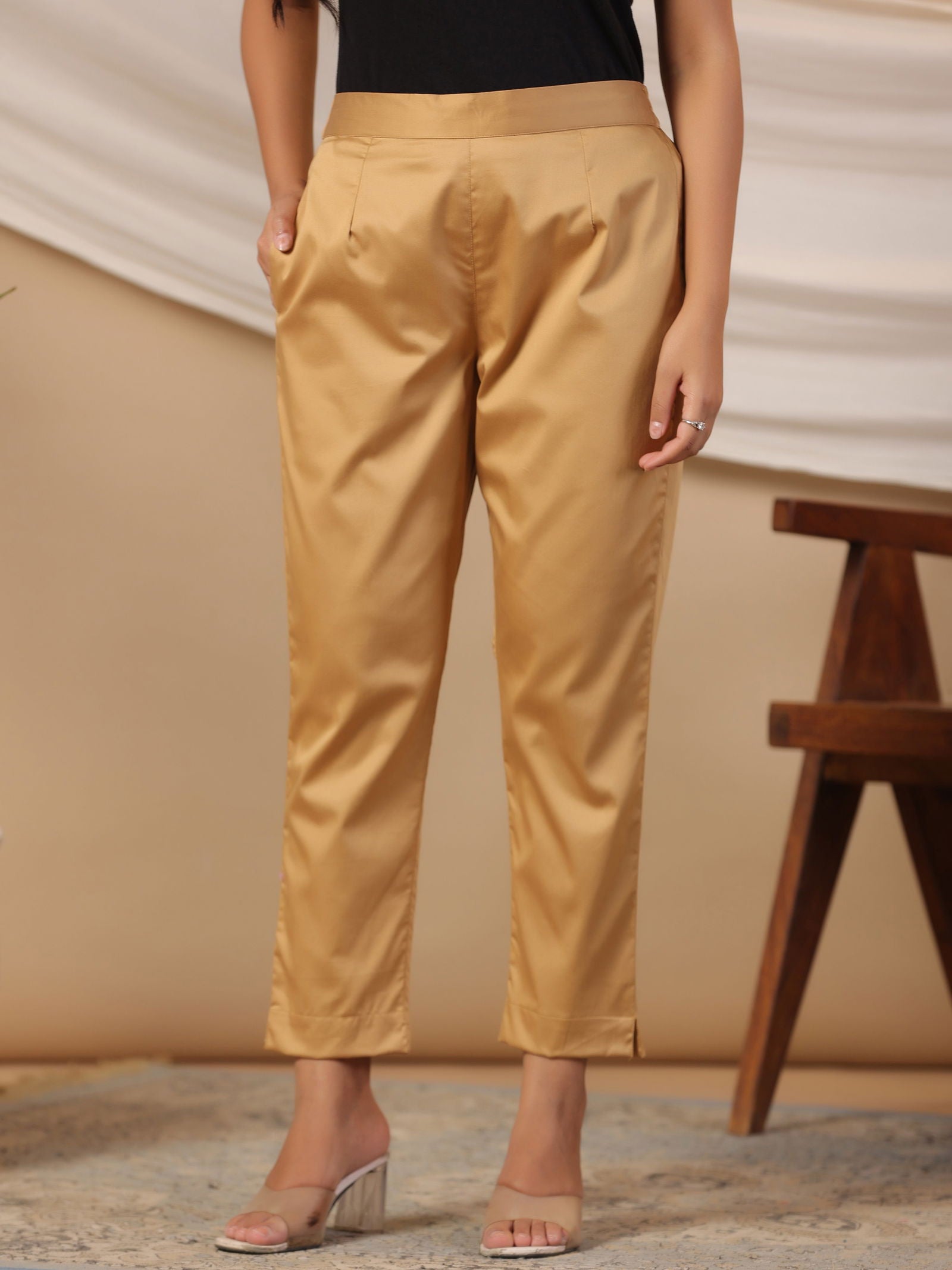 Juniper Gold Solid Lycra Women Drawstring Pants With Single Side Pocket 