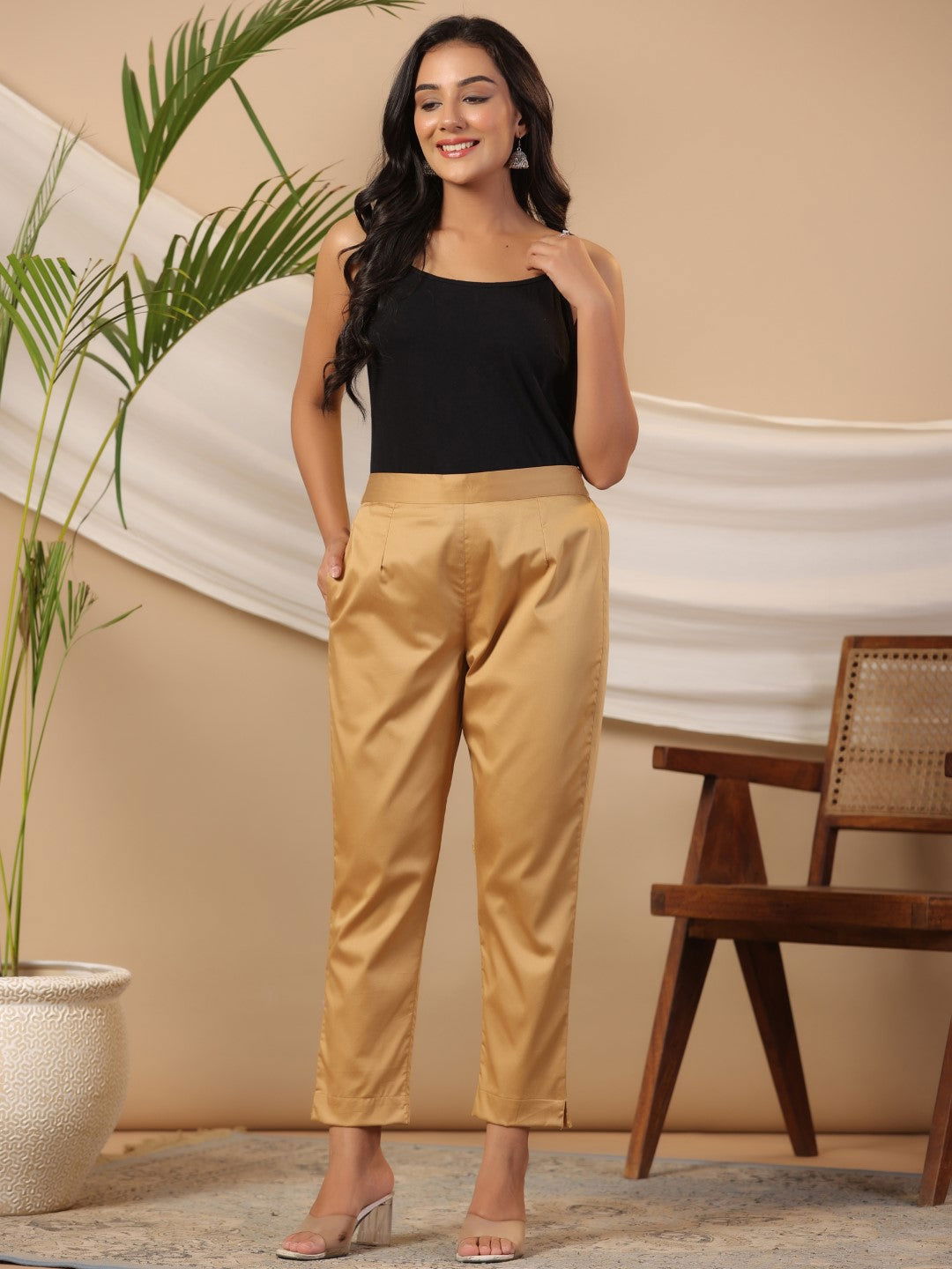 Juniper Gold Solid Lycra Women Drawstring Pants With Single Side Pocket 