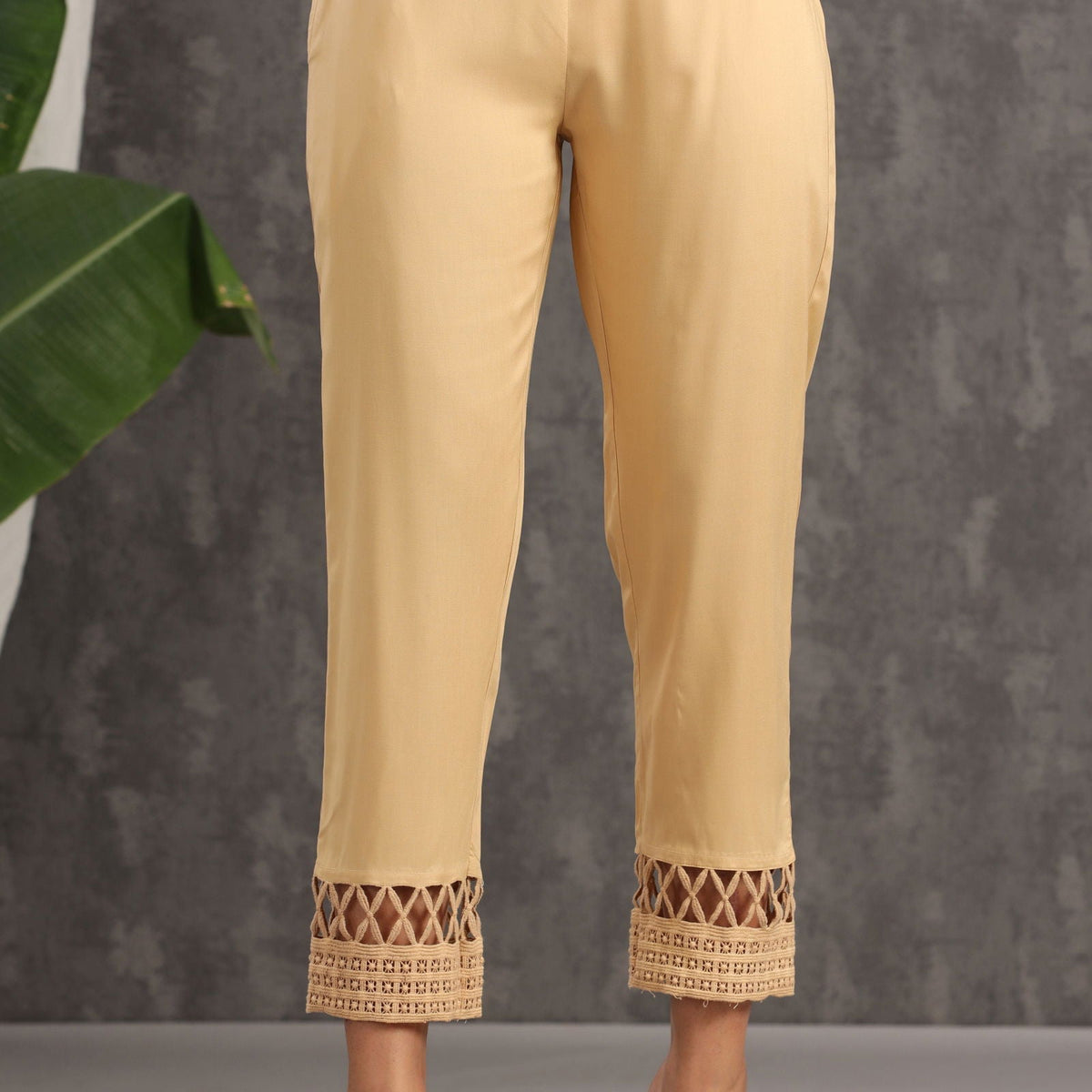 Gold Solid Rayon Ankle-Length Slim Fit Pants Elegant Modern