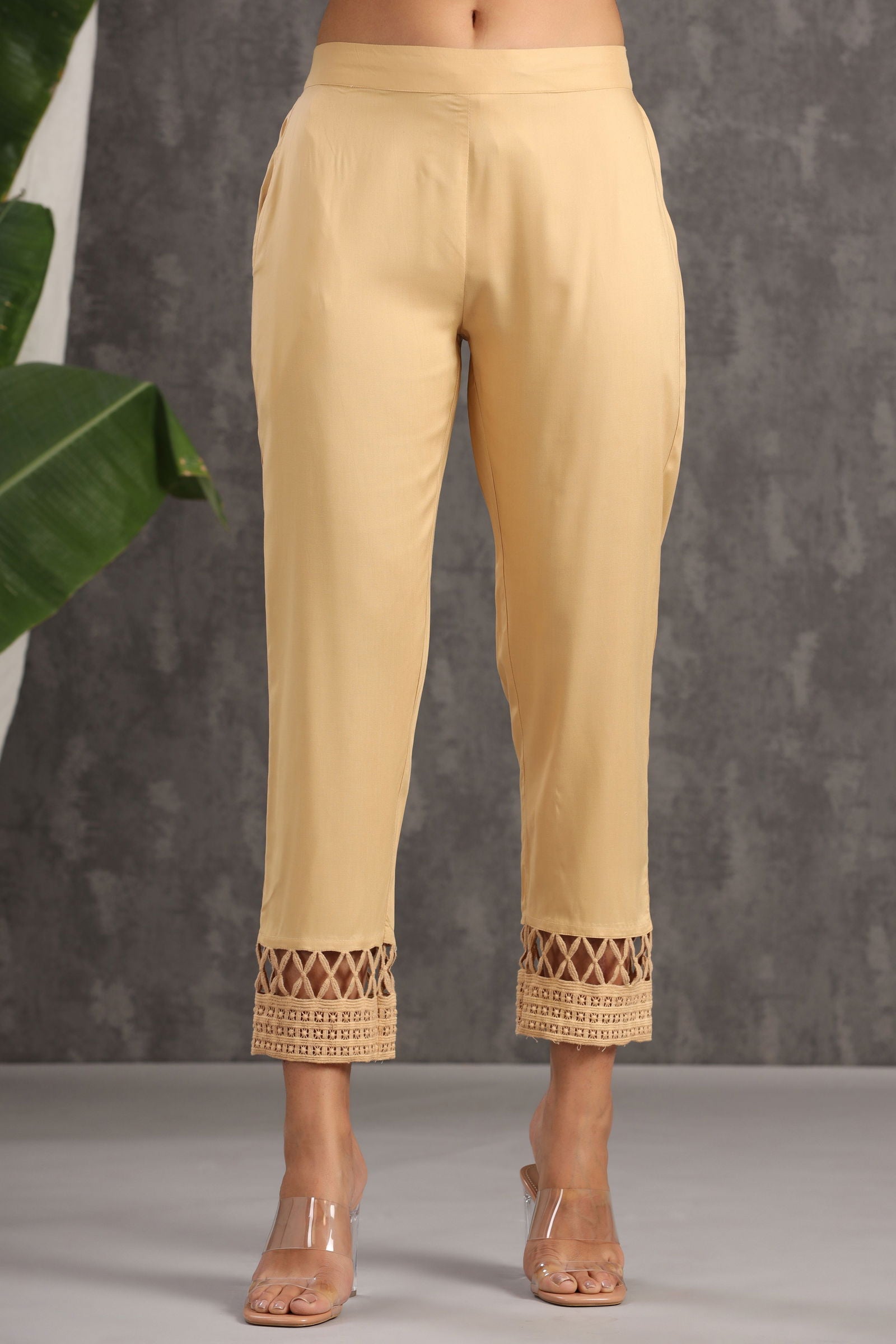 Juniper Gold Solid Rayon Ankle-Length Slim Fit Pants. 