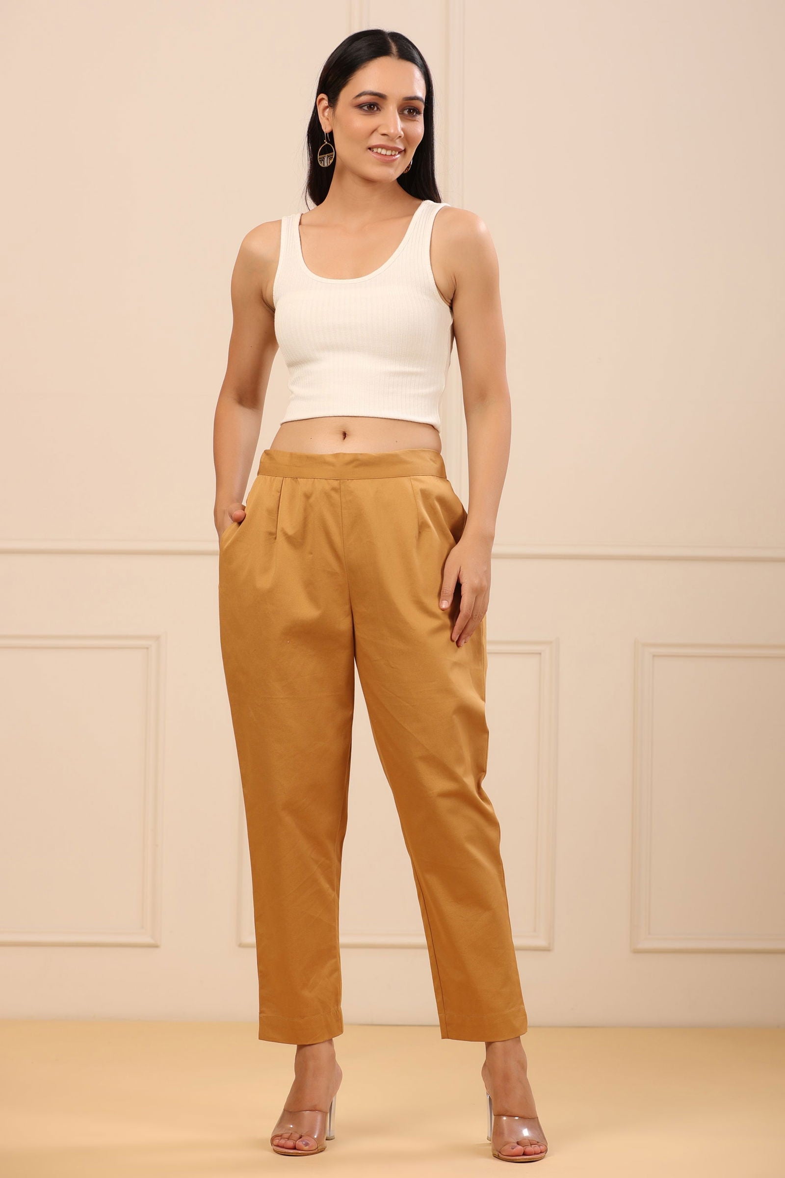 Juniper Gold Solid Slim Fit Cotton Pants With Partially Elasticated Waistband. 