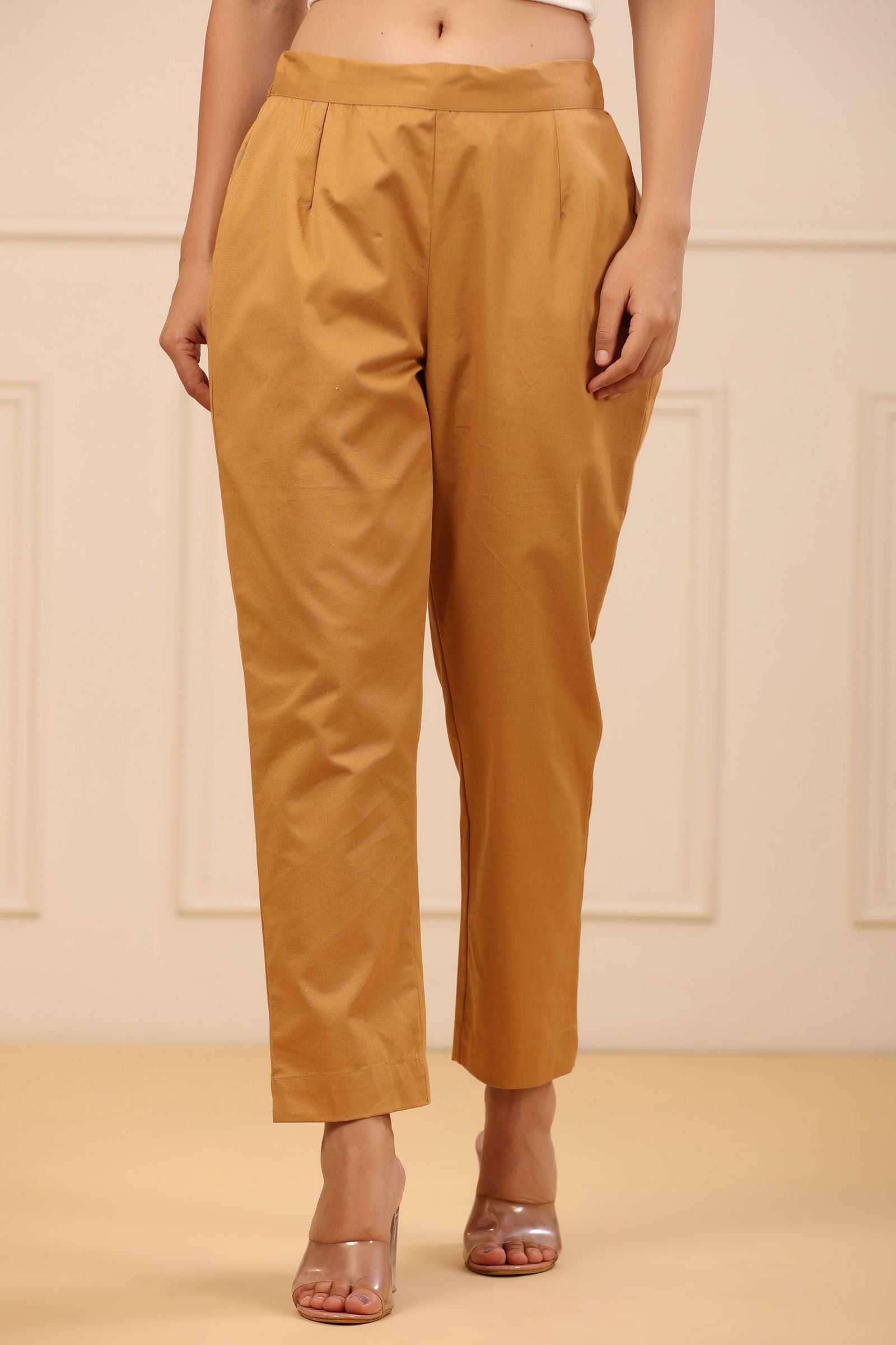 Juniper Gold Solid Slim Fit Cotton Pants With Partially Elasticated Waistband. 