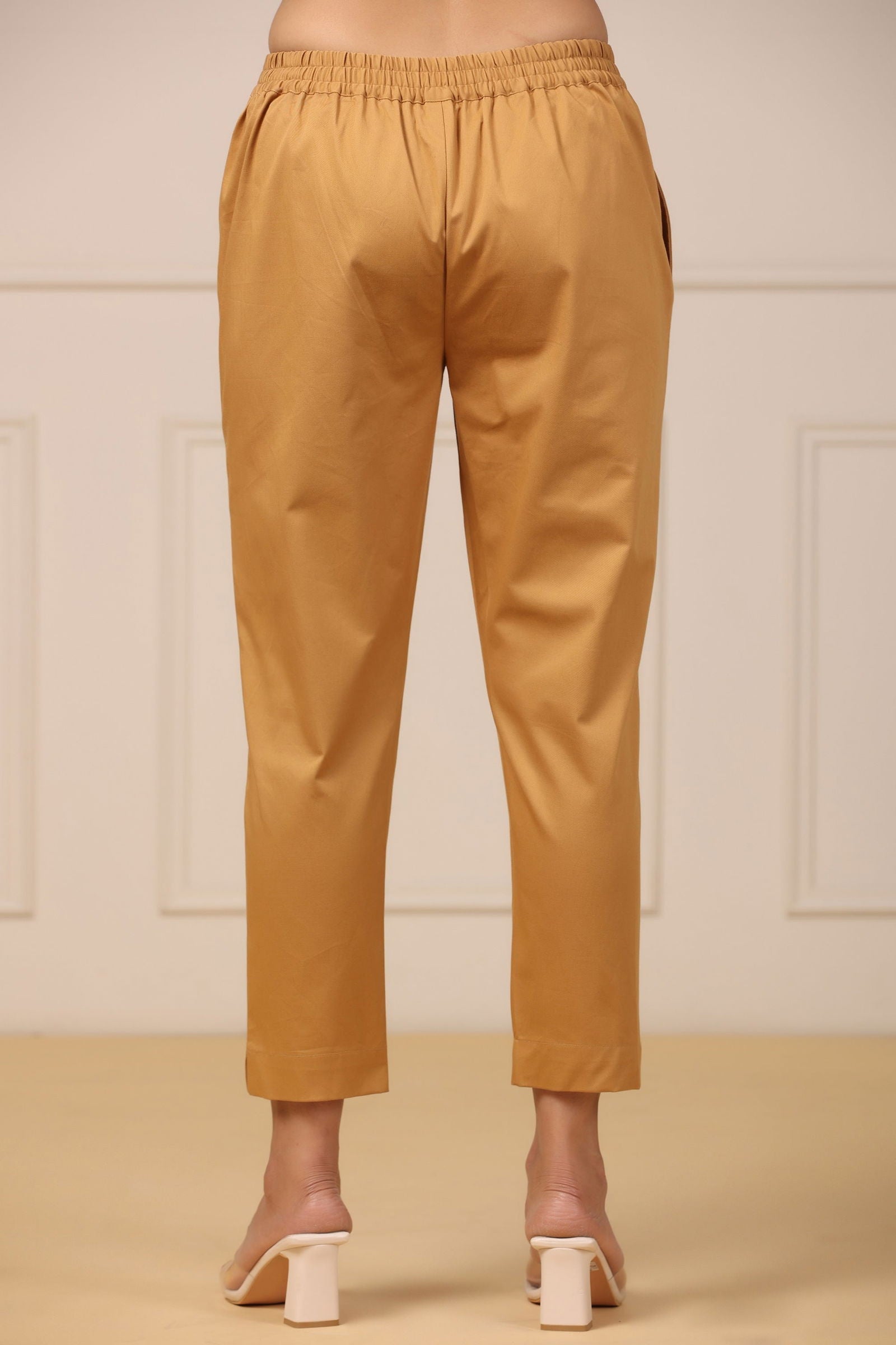 Juniper Gold Solid Slim Fit Cotton Pants With Partially Elasticated Waistband. 