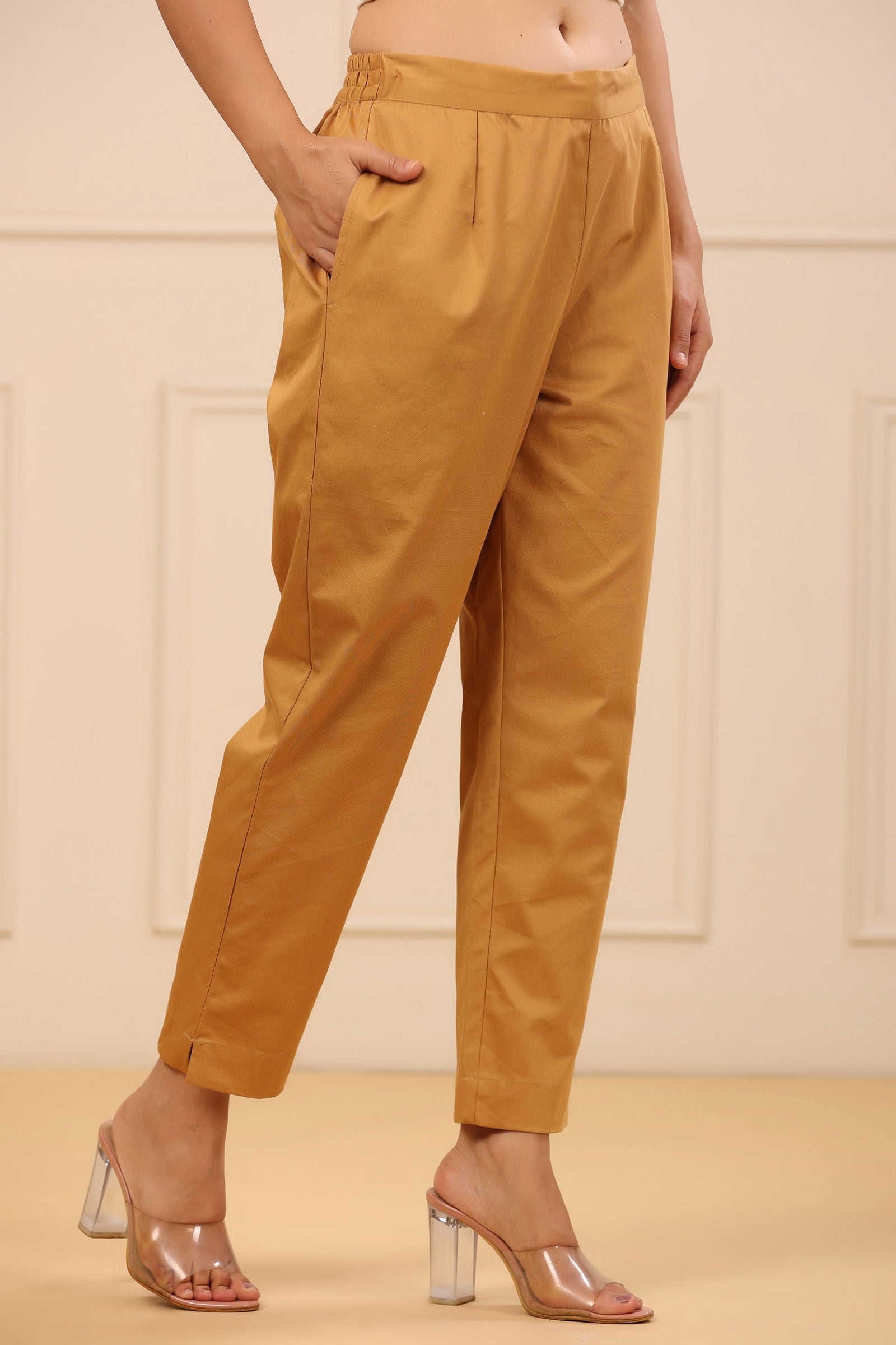 Juniper Gold Solid Slim Fit Cotton Pants With Partially Elasticated Waistband. 