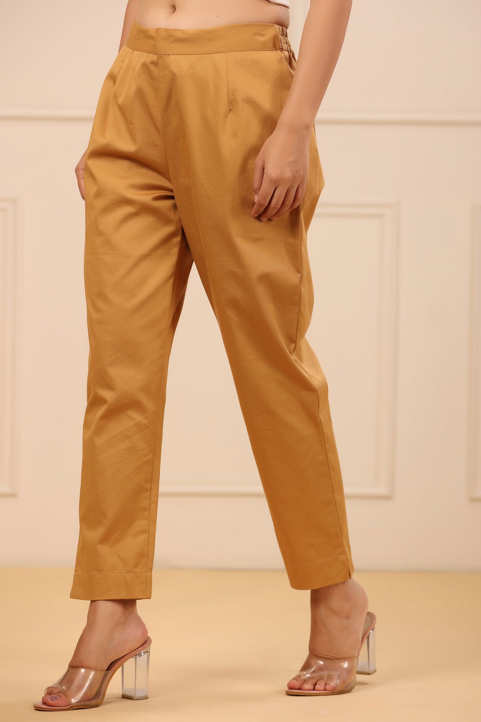 Juniper Gold Solid Slim Fit Cotton Pants With Partially Elasticated Waistband. 