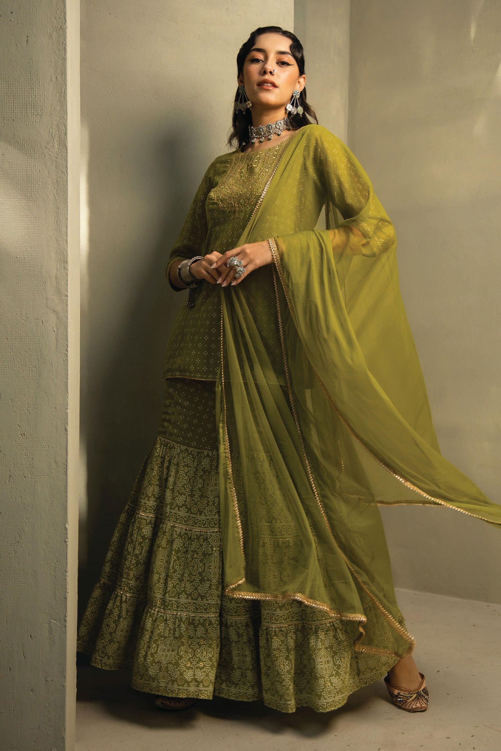 Juniper Green Bandhani Printed Georgette Kurta Sharara & Net Dupatta Set With Zari Work Embroidery 