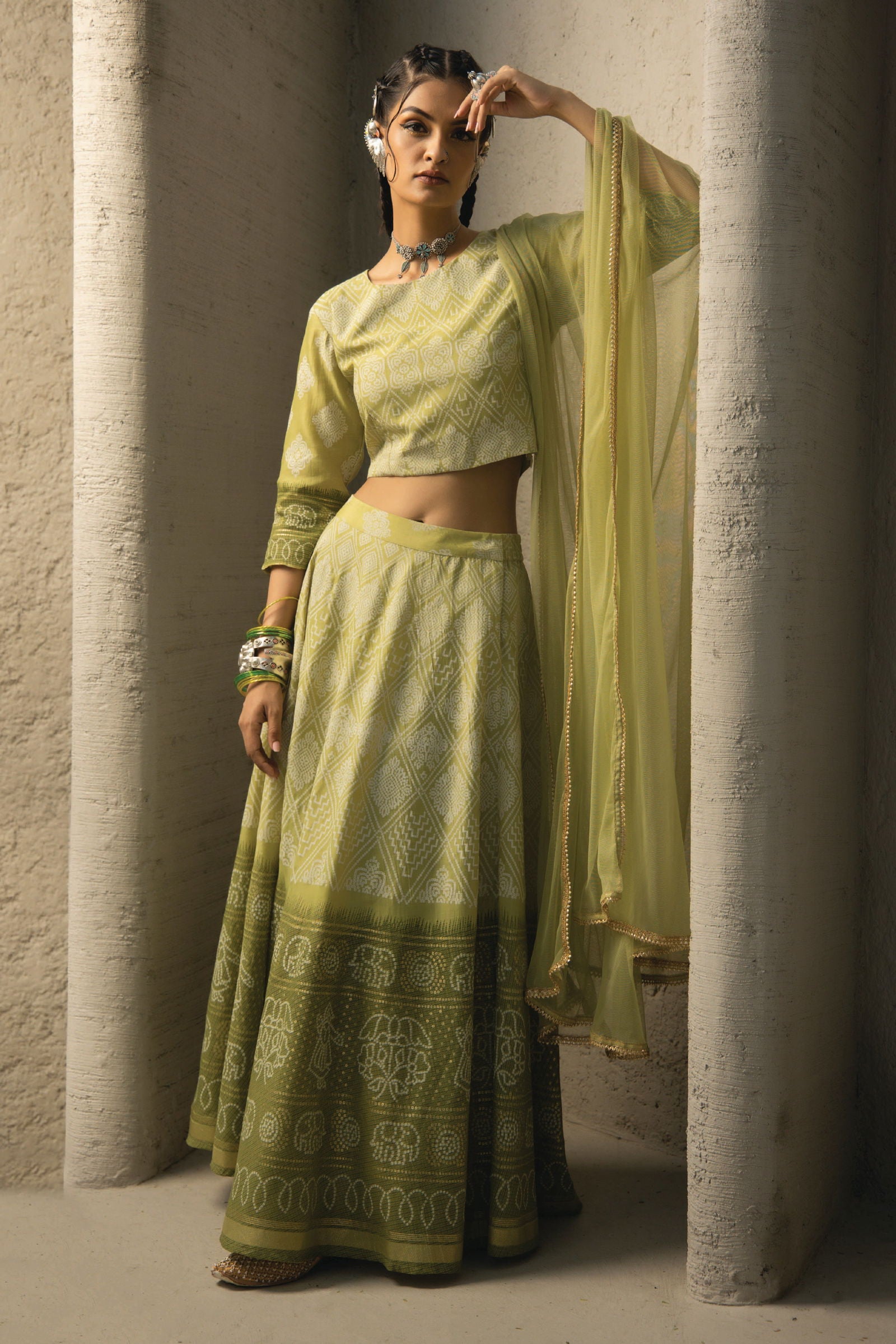 Juniper Green Bandhani Printed Shantoon Slub Lehenga Choli & Net Dupatta Set. 