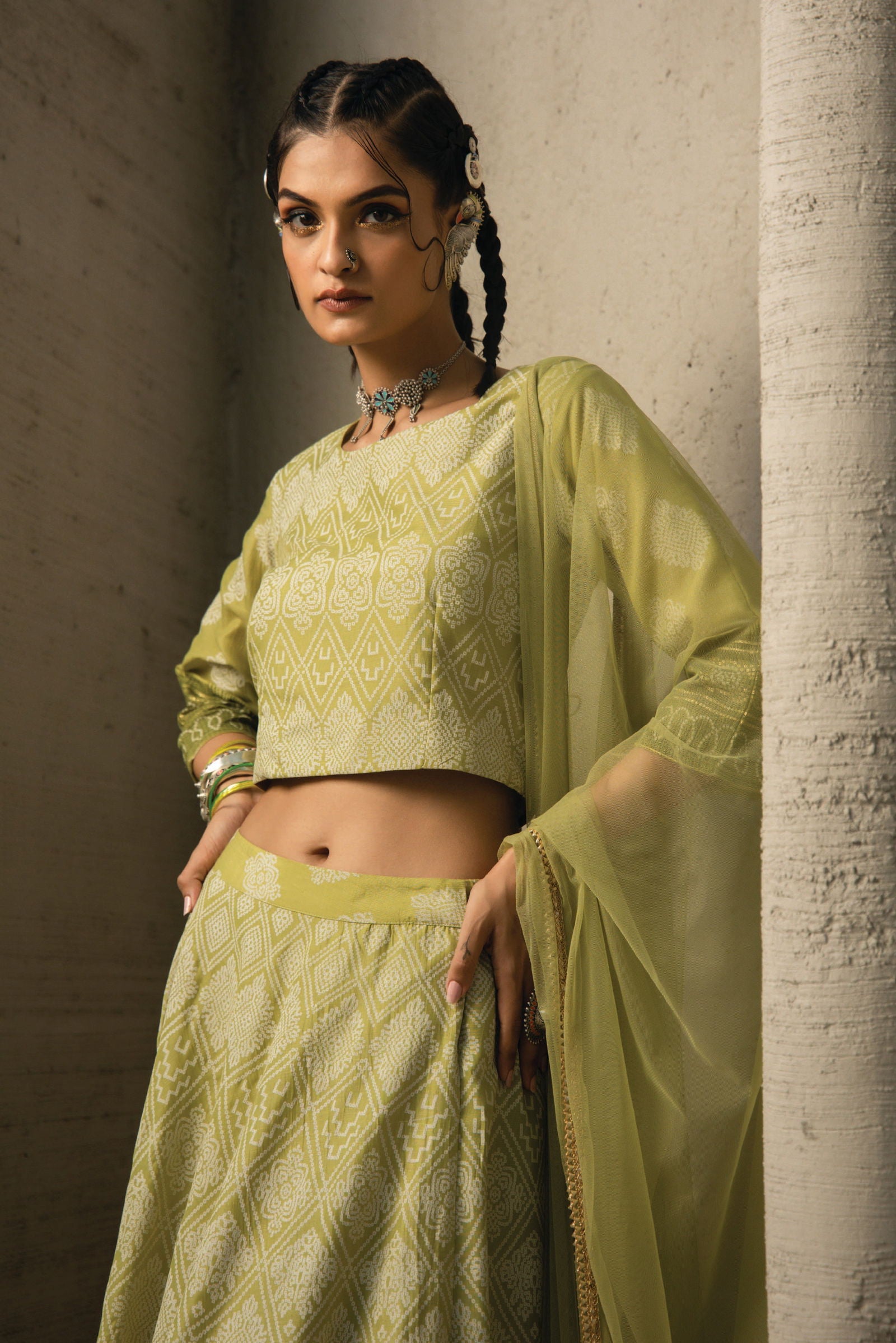 Juniper Green Bandhani Printed Shantoon Slub Lehenga Choli & Net Dupatta Set. 