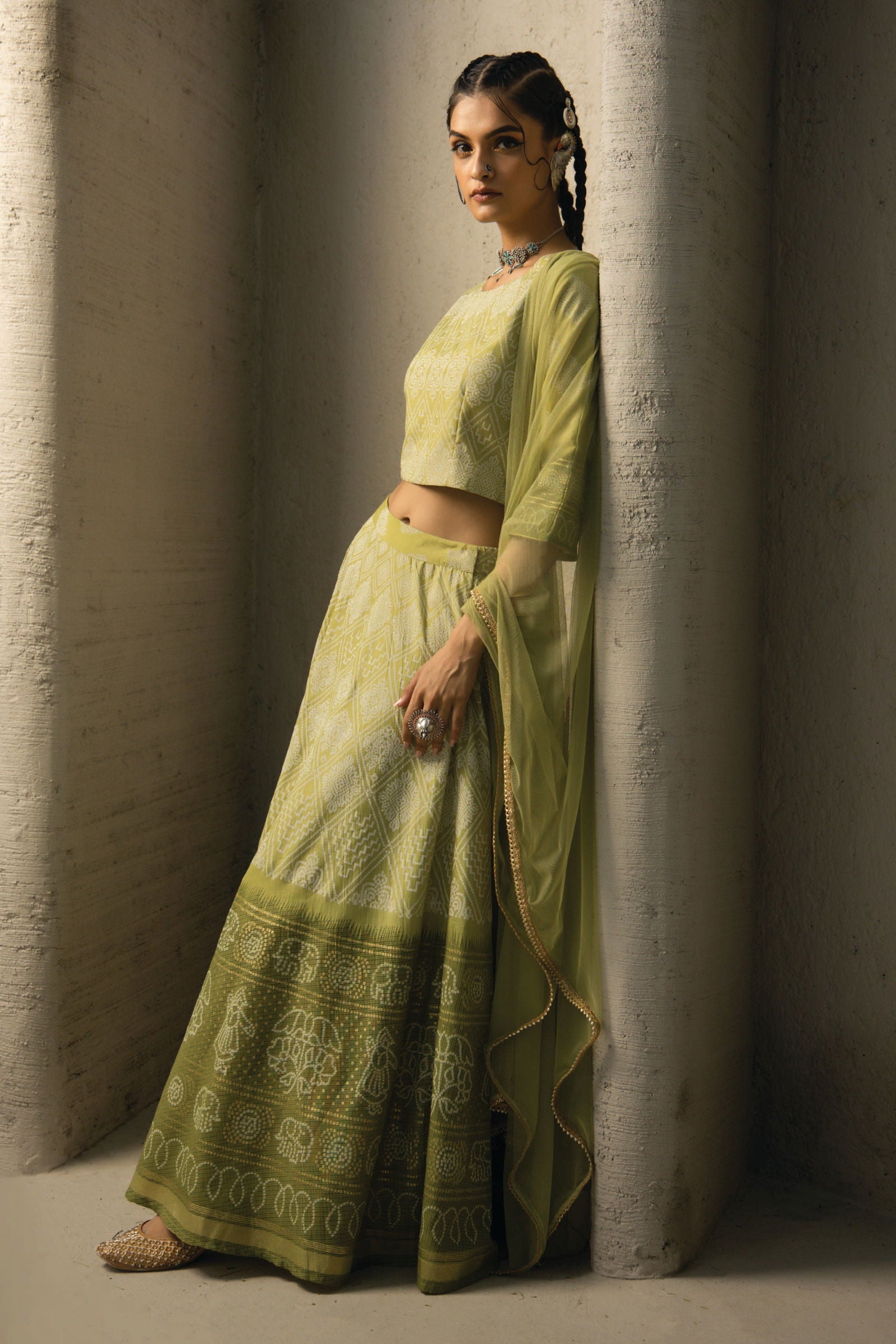 Juniper Green Bandhani Printed Shantoon Slub Lehenga Choli & Net Dupatta Set. 