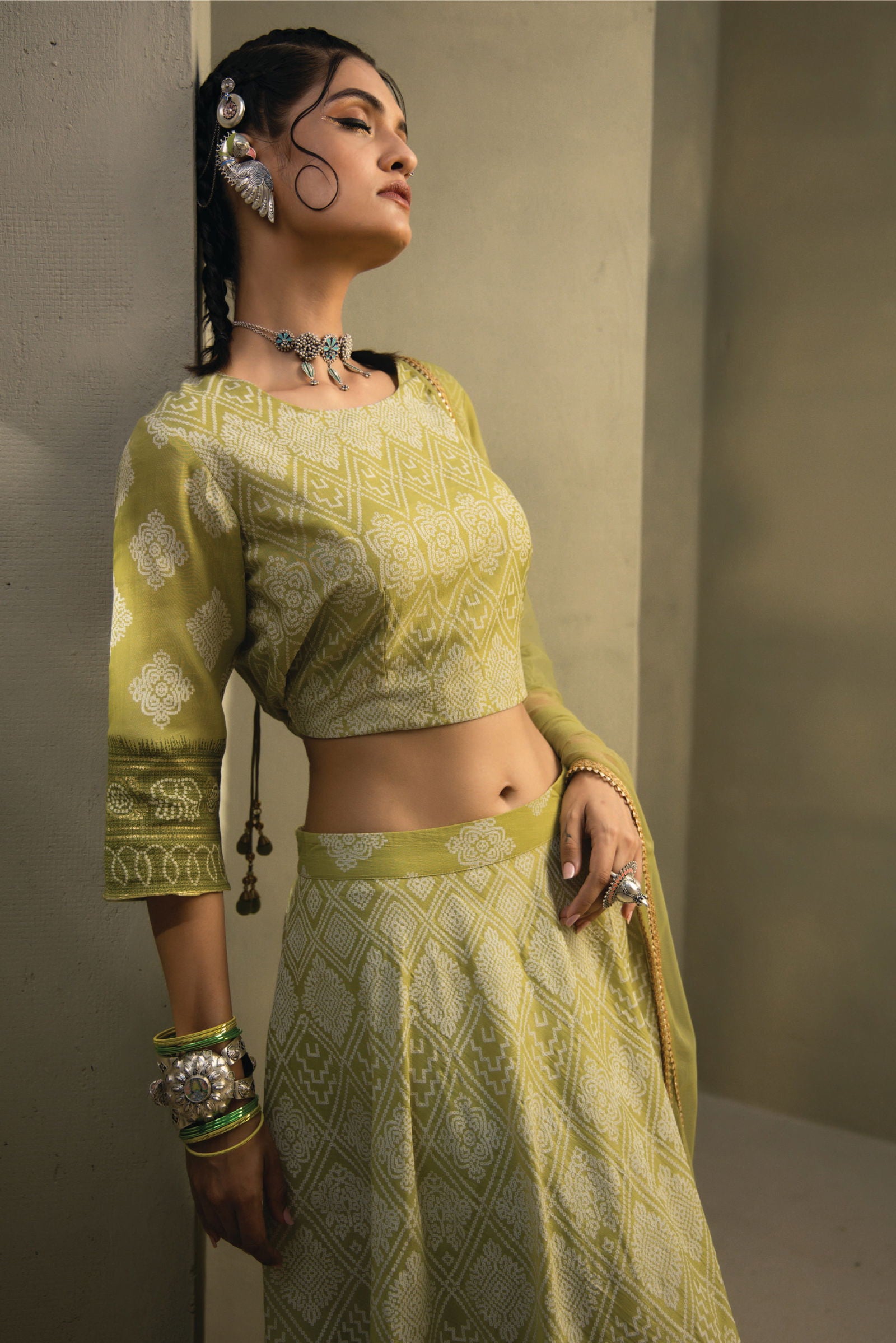 Juniper Green Bandhani Printed Shantoon Slub Lehenga Choli & Net Dupatta Set. 