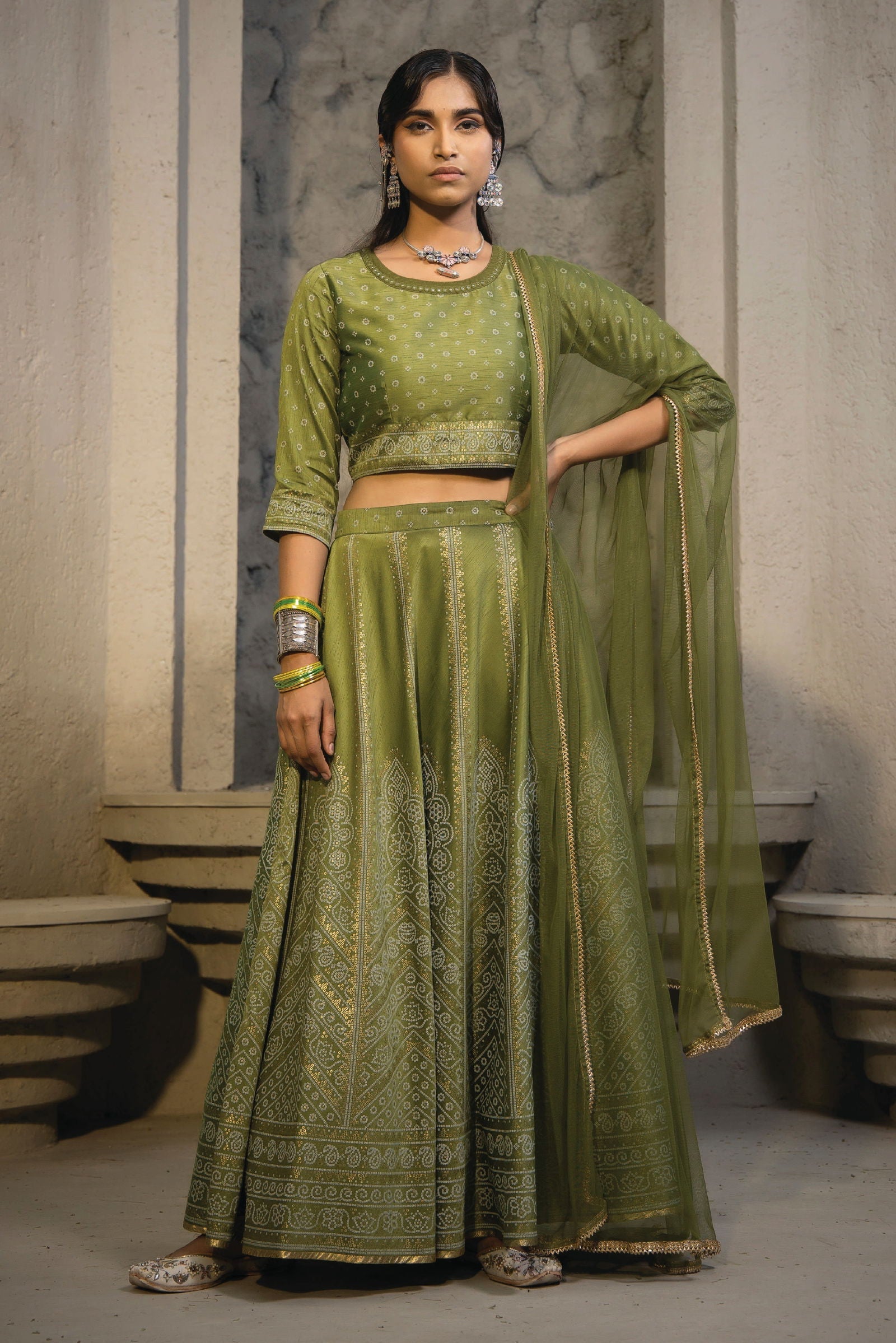 Juniper Green Bandhani Printed Shantoon Slub Lehenga Choli & Net Dupatta Set. 
