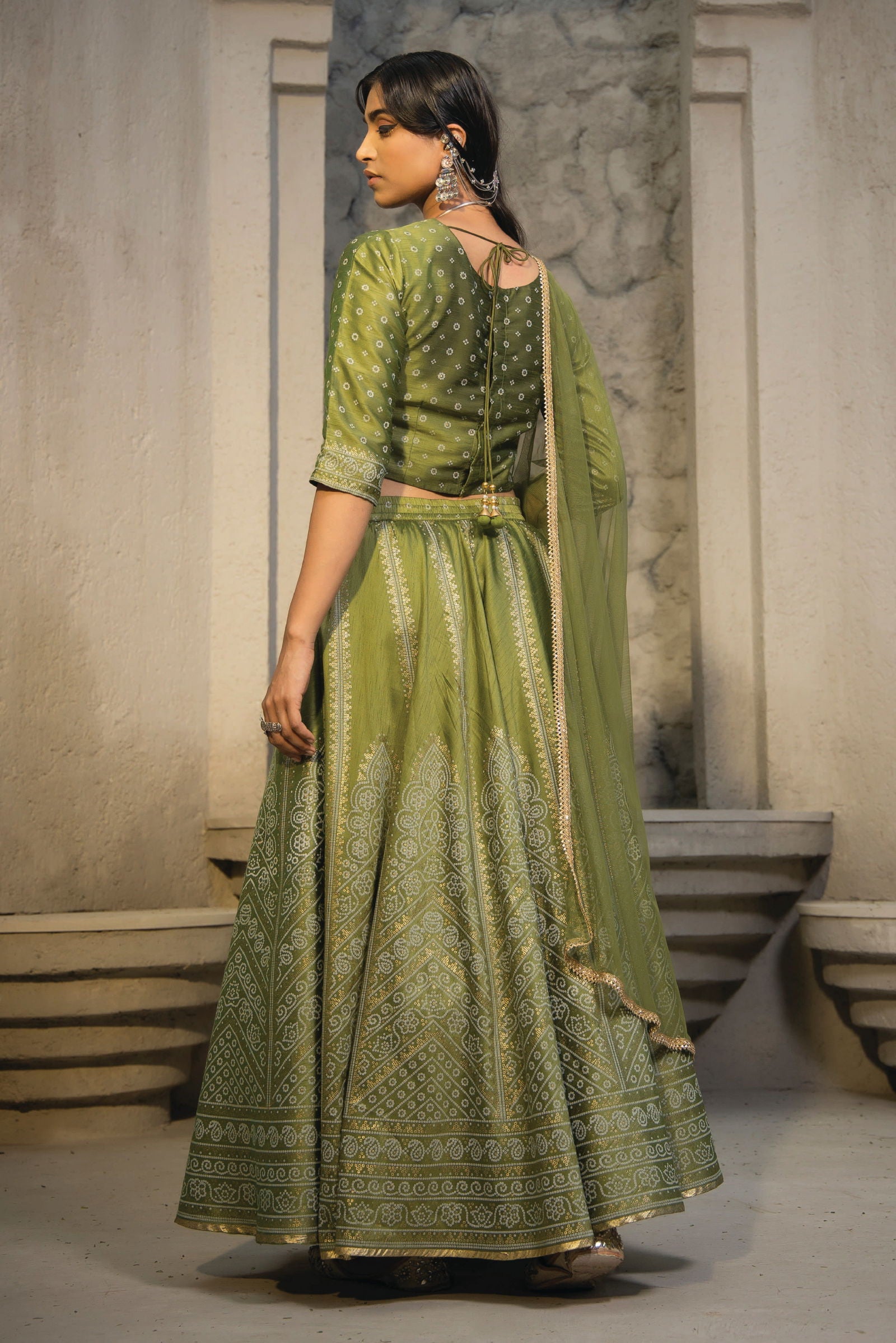 Juniper Green Bandhani Printed Shantoon Slub Lehenga Choli & Net Dupatta Set. 