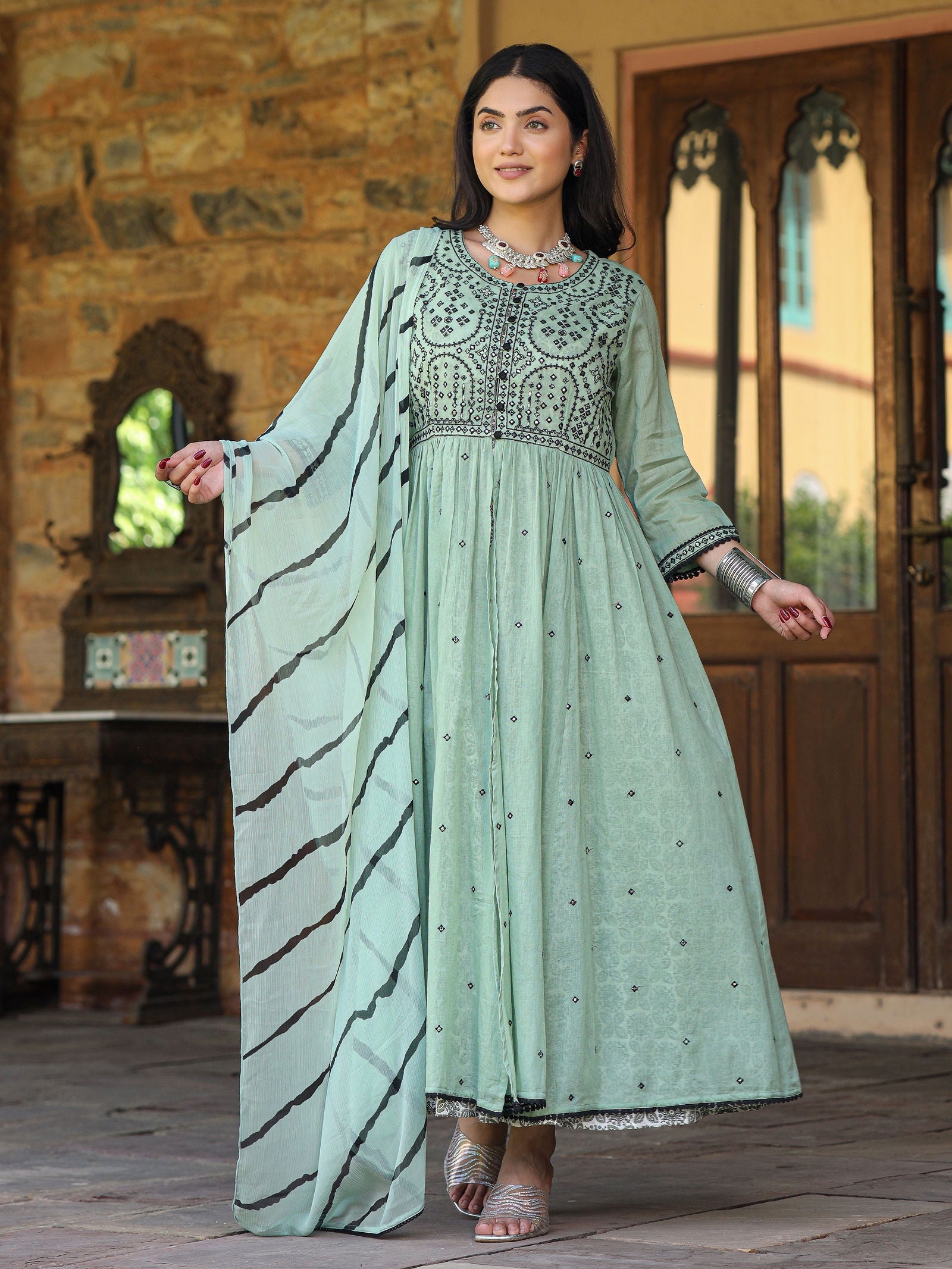 Juniper Green & Black Cotton  Embroidered Anarkali Dress With Jacket & Tie-Dye Dupatta 