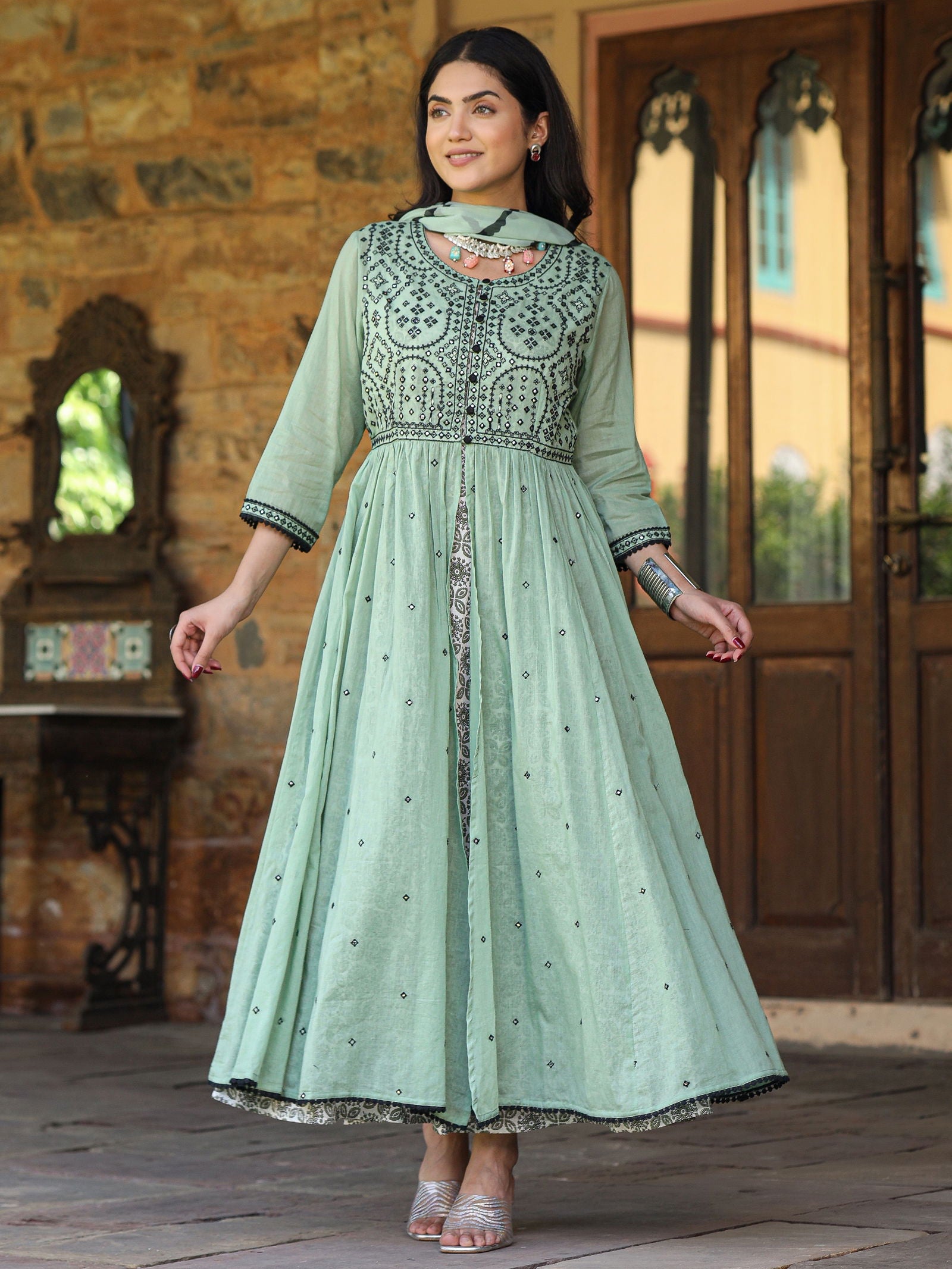Juniper Green & Black Cotton  Embroidered Anarkali Dress With Jacket & Tie-Dye Dupatta 