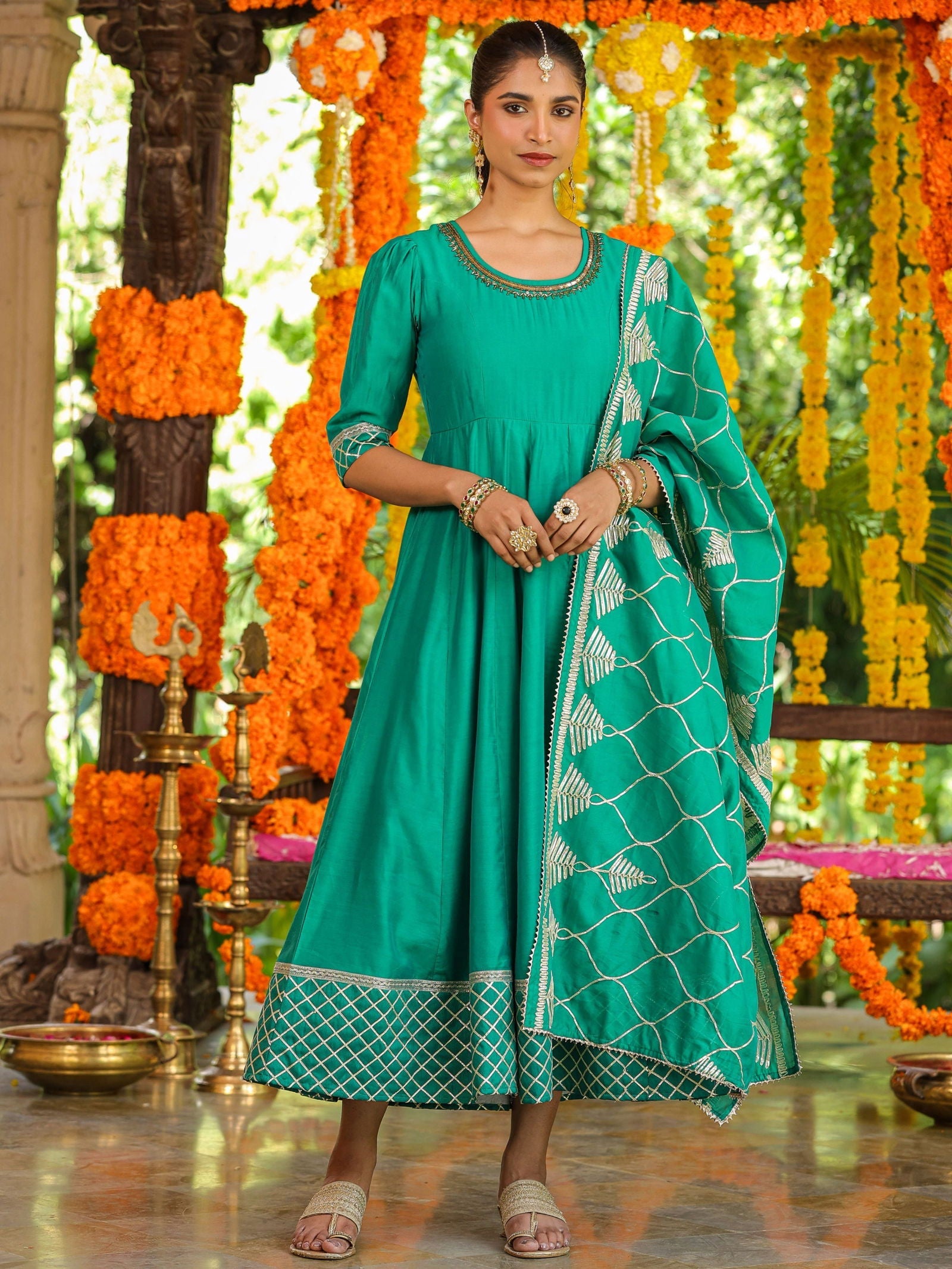 Juniper  Green Checked Print Chanderi Anarkali Gota Patti Kurta & Dupatta Set. 