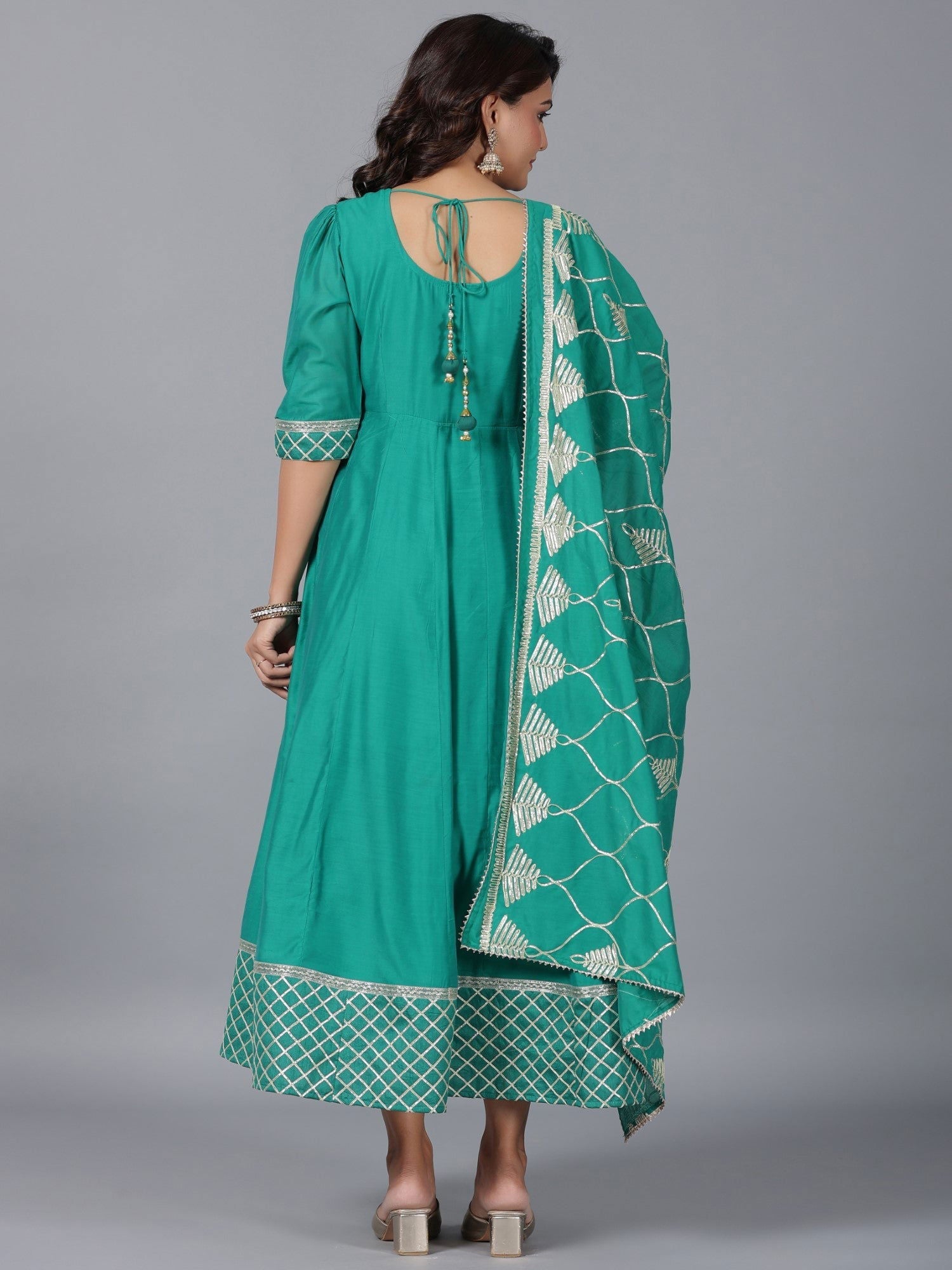 Juniper  Green Checked Print Chanderi Anarkali Gota Patti Kurta & Dupatta Set. 