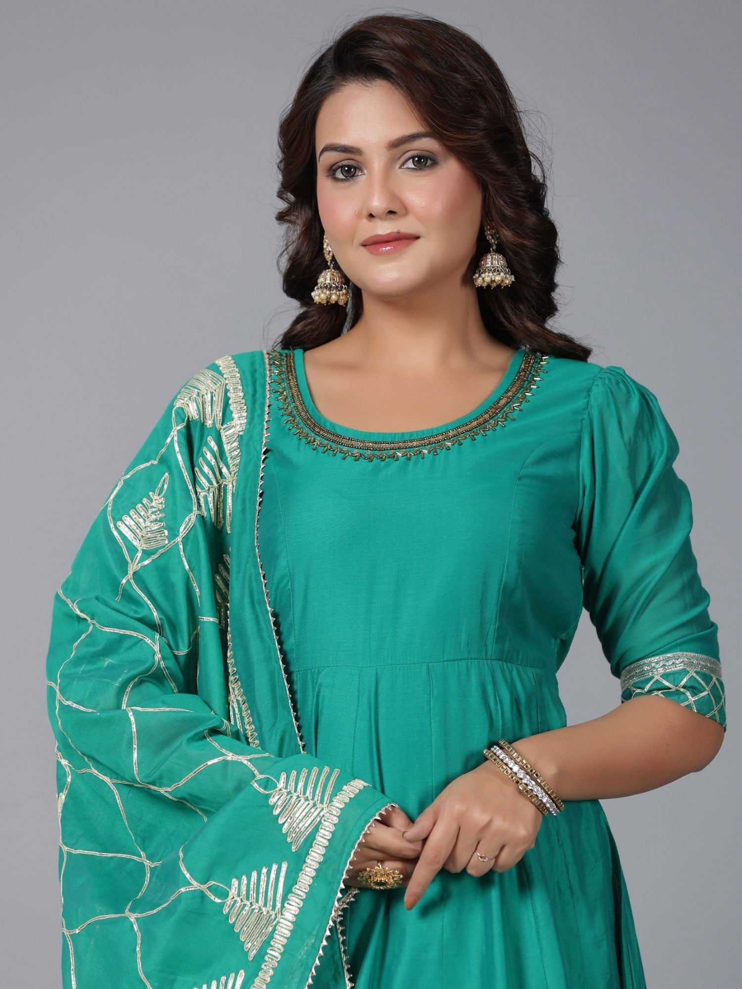 Juniper  Green Checked Print Chanderi Anarkali Gota Patti Kurta & Dupatta Set. 