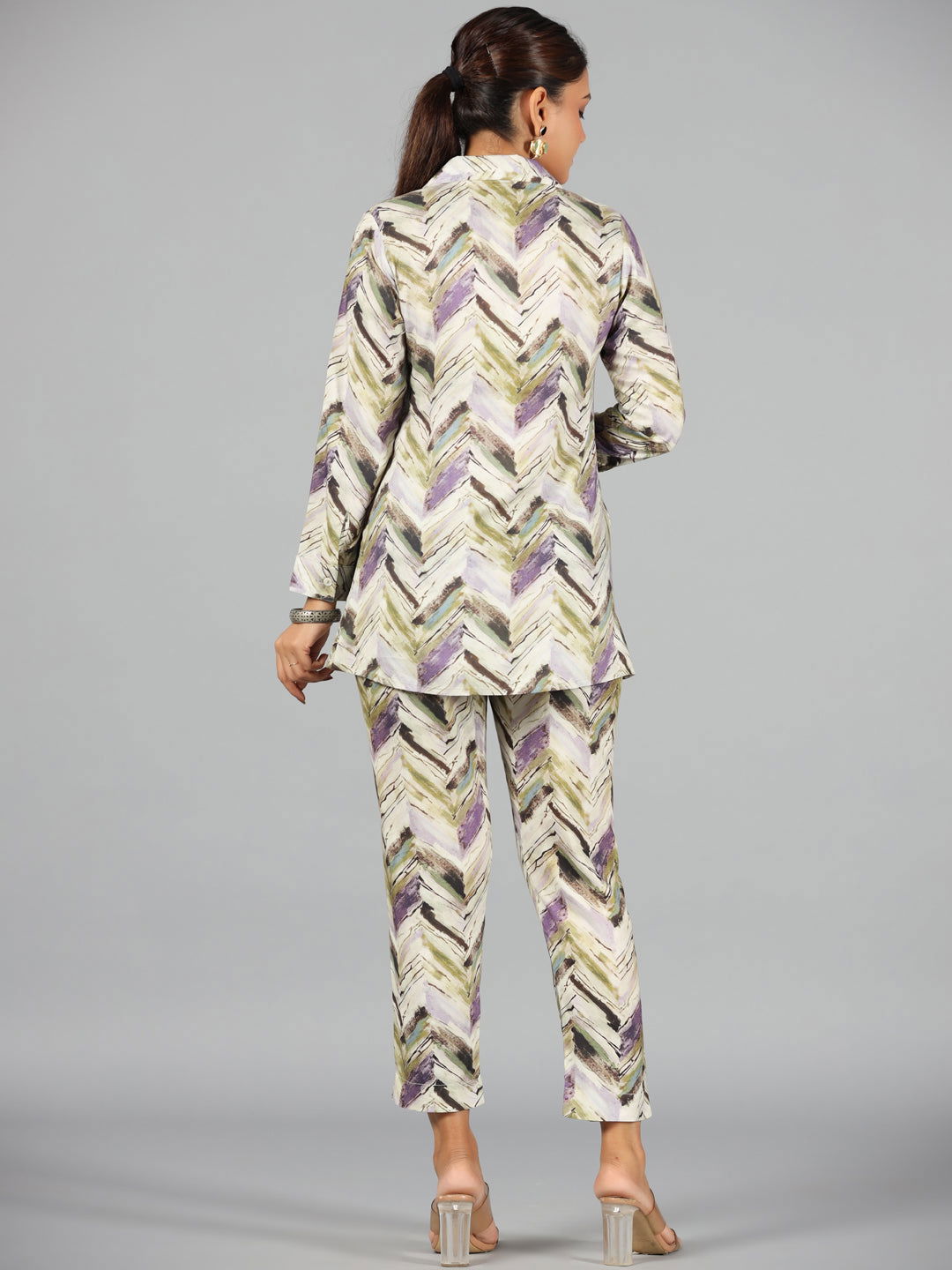 Juniper Green Chevron Printed Rayon Tunic With Pants Set 