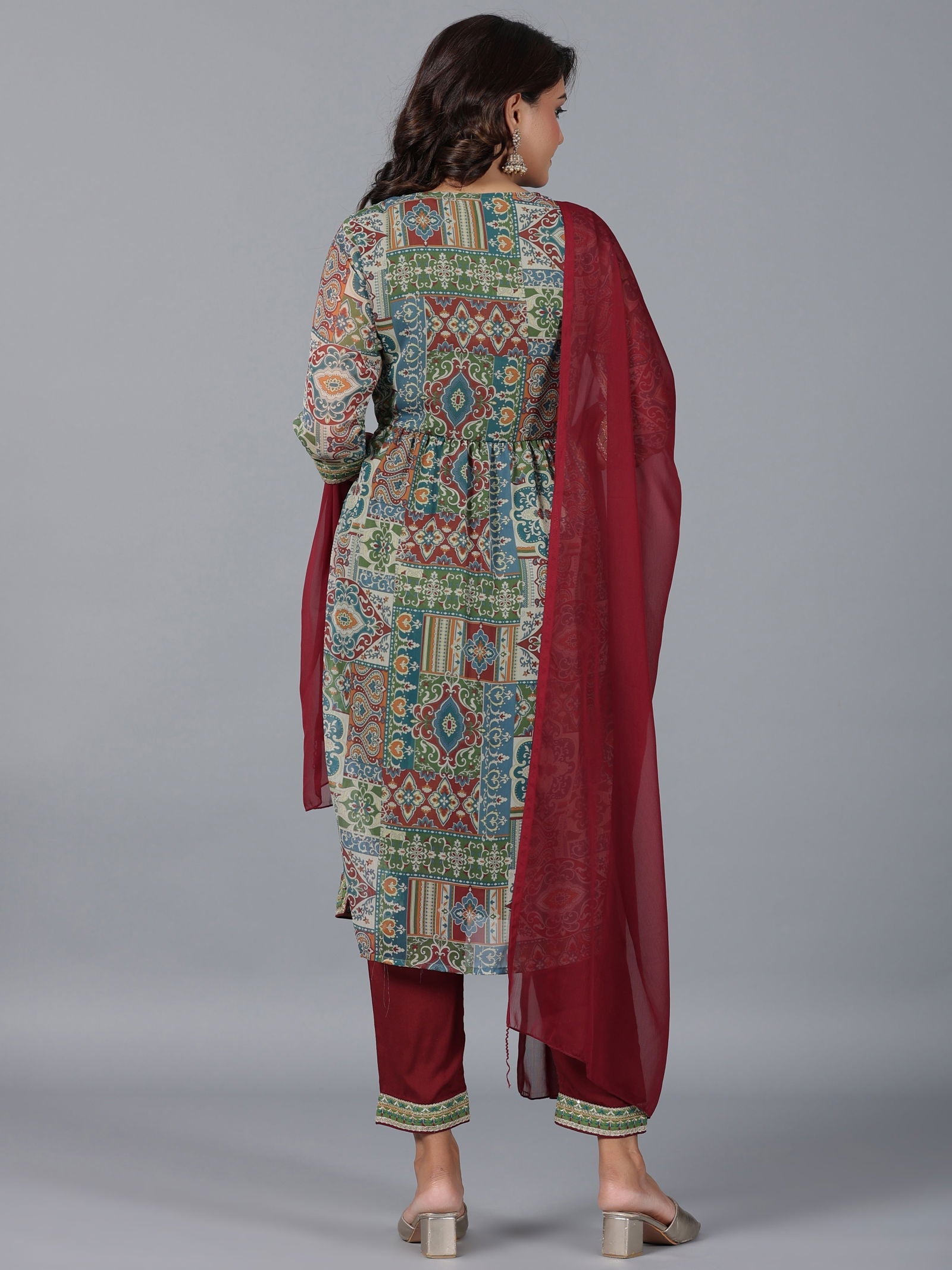 Juniper Green Chiffon Ethnic Motif Printed Kurta, Pants & Dupatta Set with Mirror Work Embroidery 