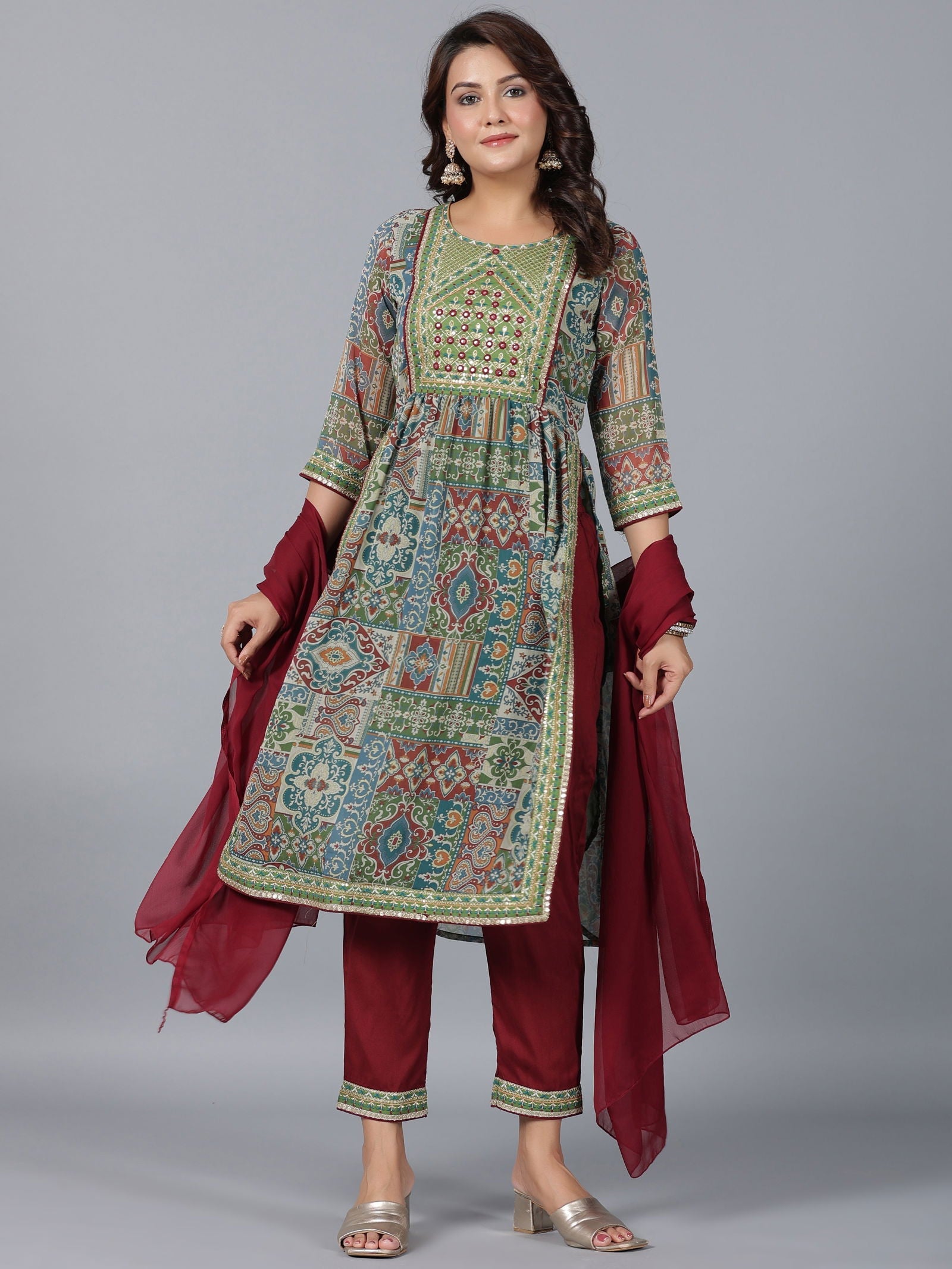 Juniper Green Chiffon Ethnic Motif Printed Kurta, Pants & Dupatta Set with Mirror Work Embroidery 