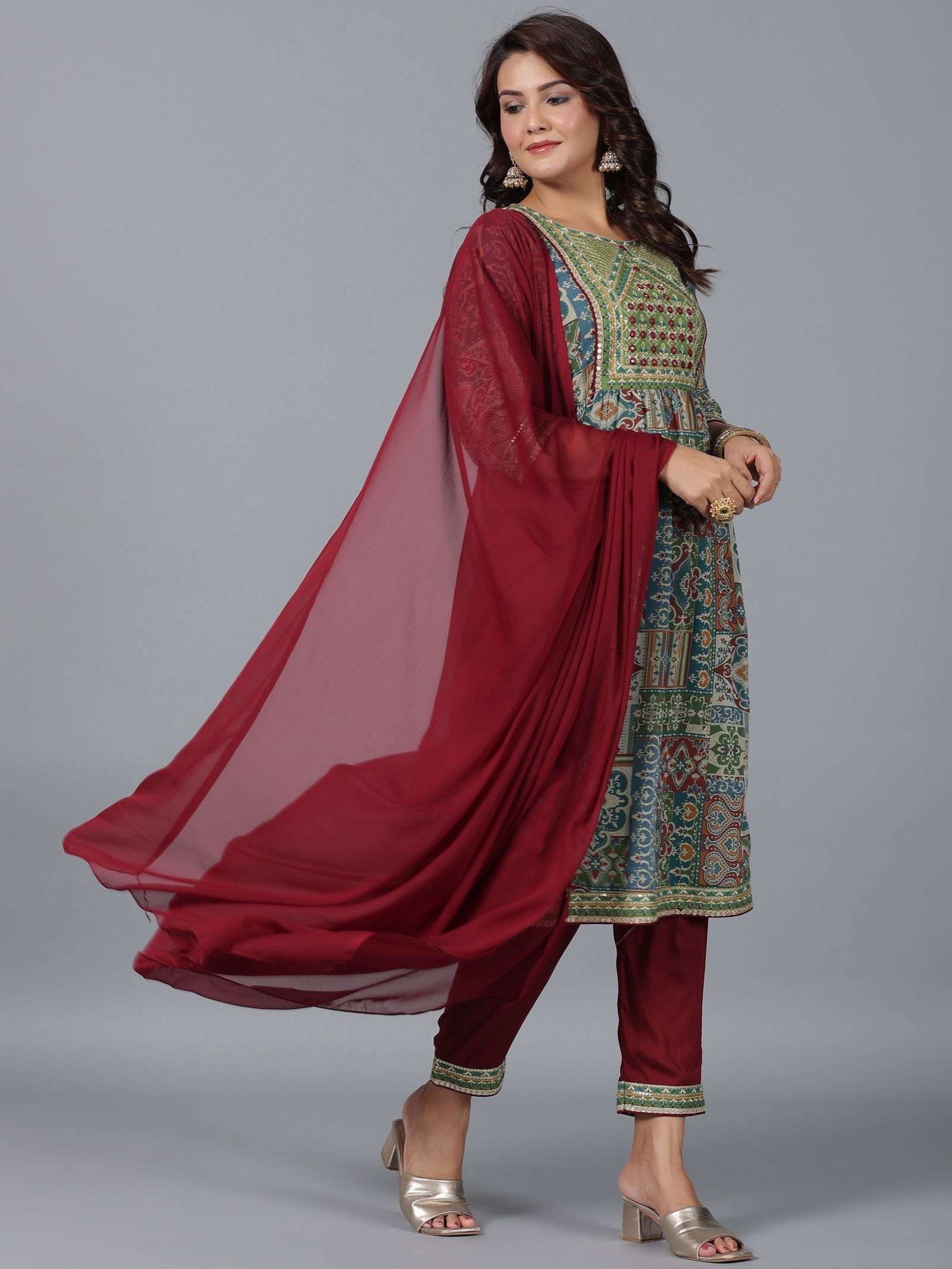 Juniper Green Chiffon Ethnic Motif Printed Kurta, Pants & Dupatta Set with Mirror Work Embroidery 