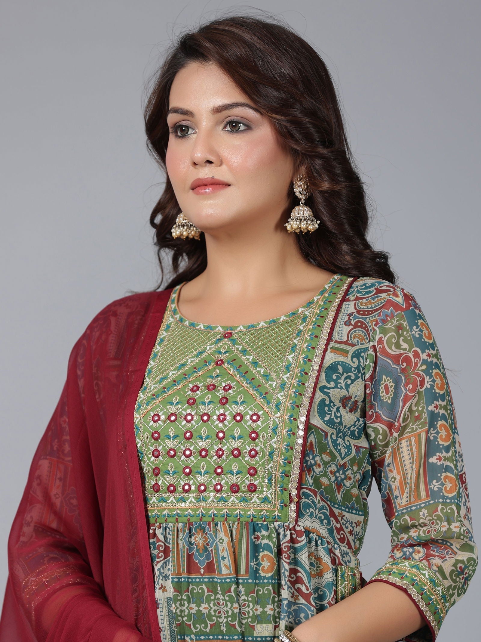Juniper Green Chiffon Ethnic Motif Printed Kurta, Pants & Dupatta Set with Mirror Work Embroidery 