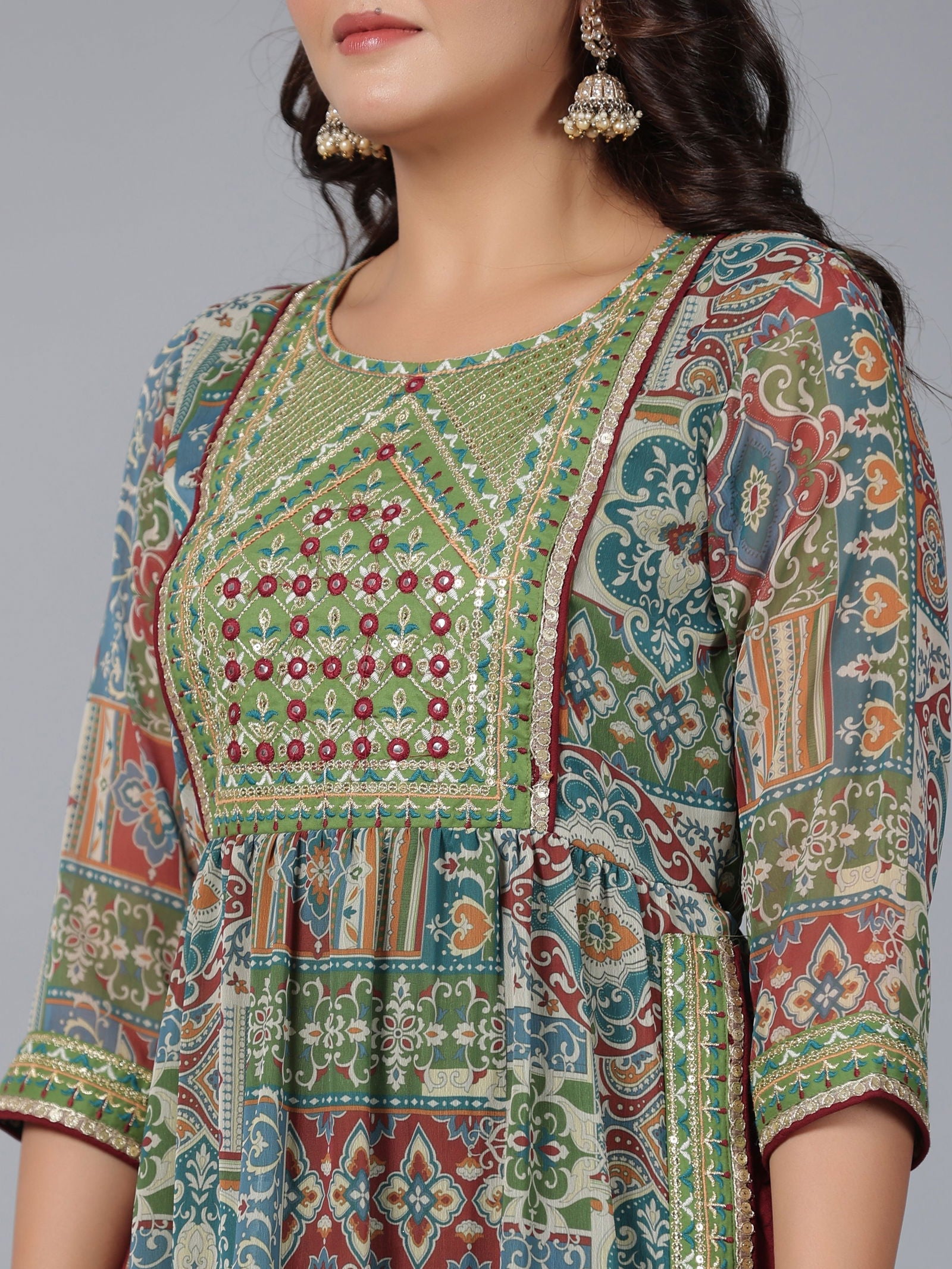 Juniper Green Chiffon Ethnic Motif Printed Kurta, Pants & Dupatta Set with Mirror Work Embroidery 