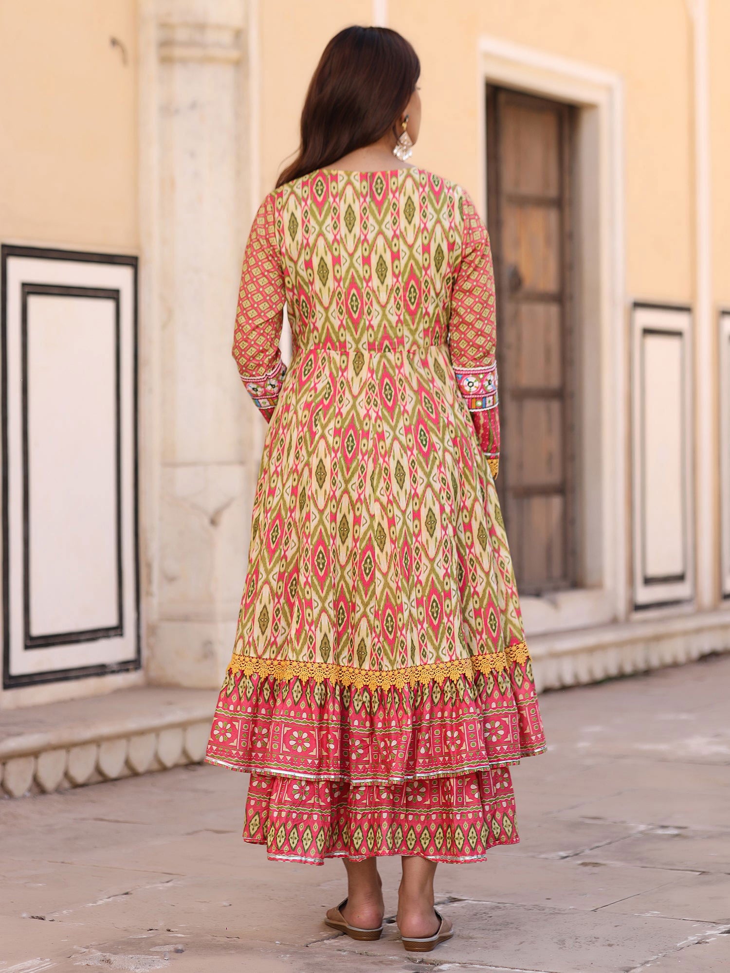 Juniper Green Cotton Ikat Printed Layered Maxi Dress With Thread Embroidery & Dori Tassel Tie-Up At Waist 