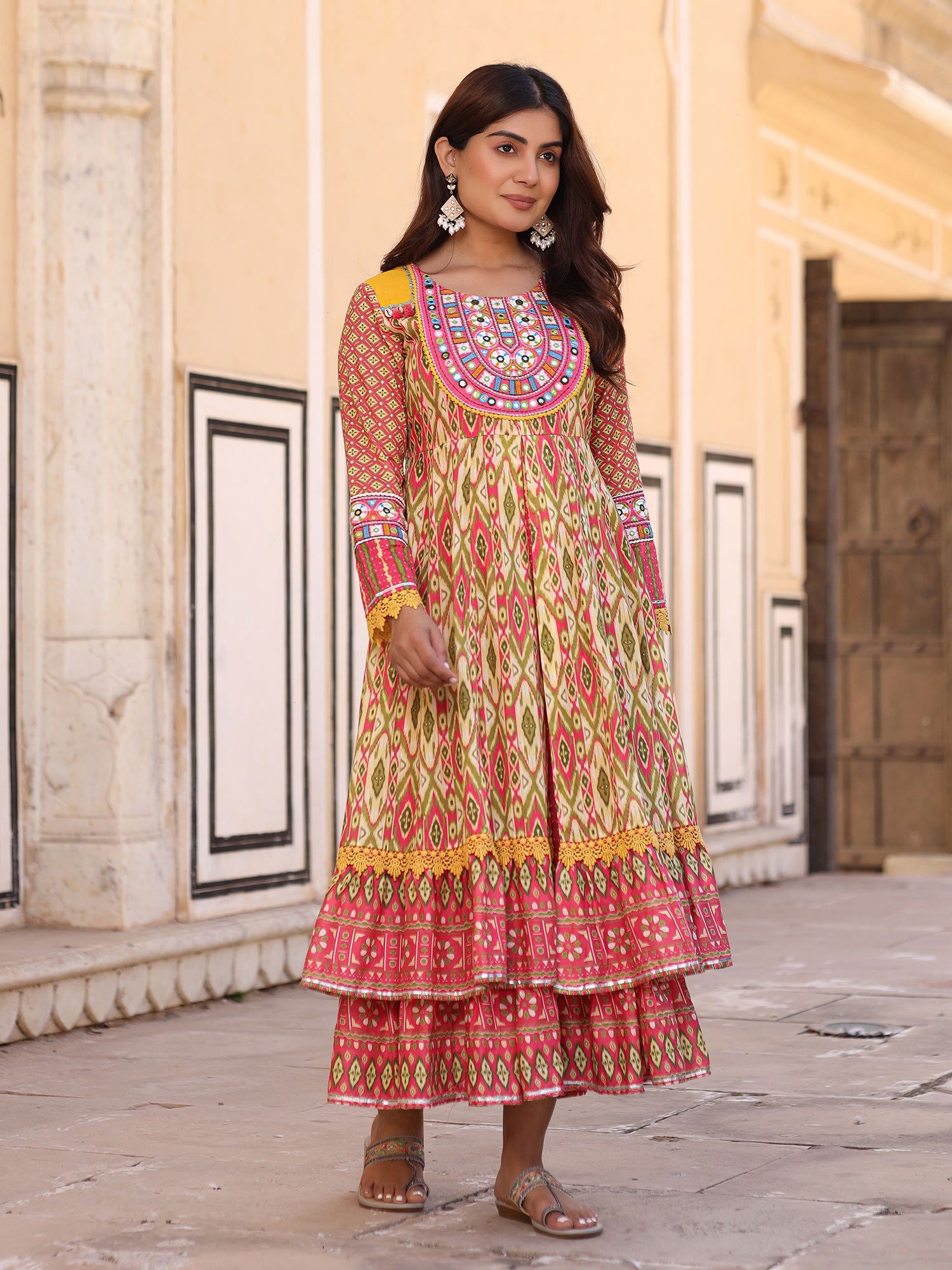 Juniper Green Cotton Ikat Printed Layered Maxi Dress With Thread Embroidery & Dori Tassel Tie-Up At Waist 