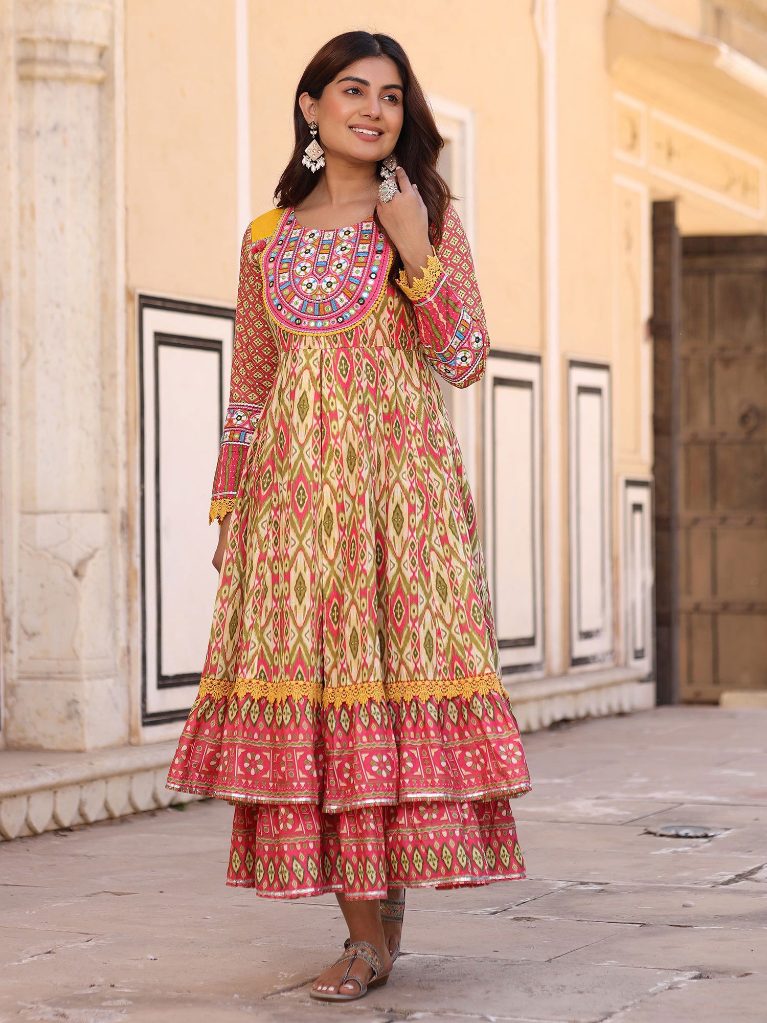 Juniper Green Cotton Ikat Printed Layered Maxi Dress With Thread Embroidery & Dori Tassel Tie-Up At Waist 