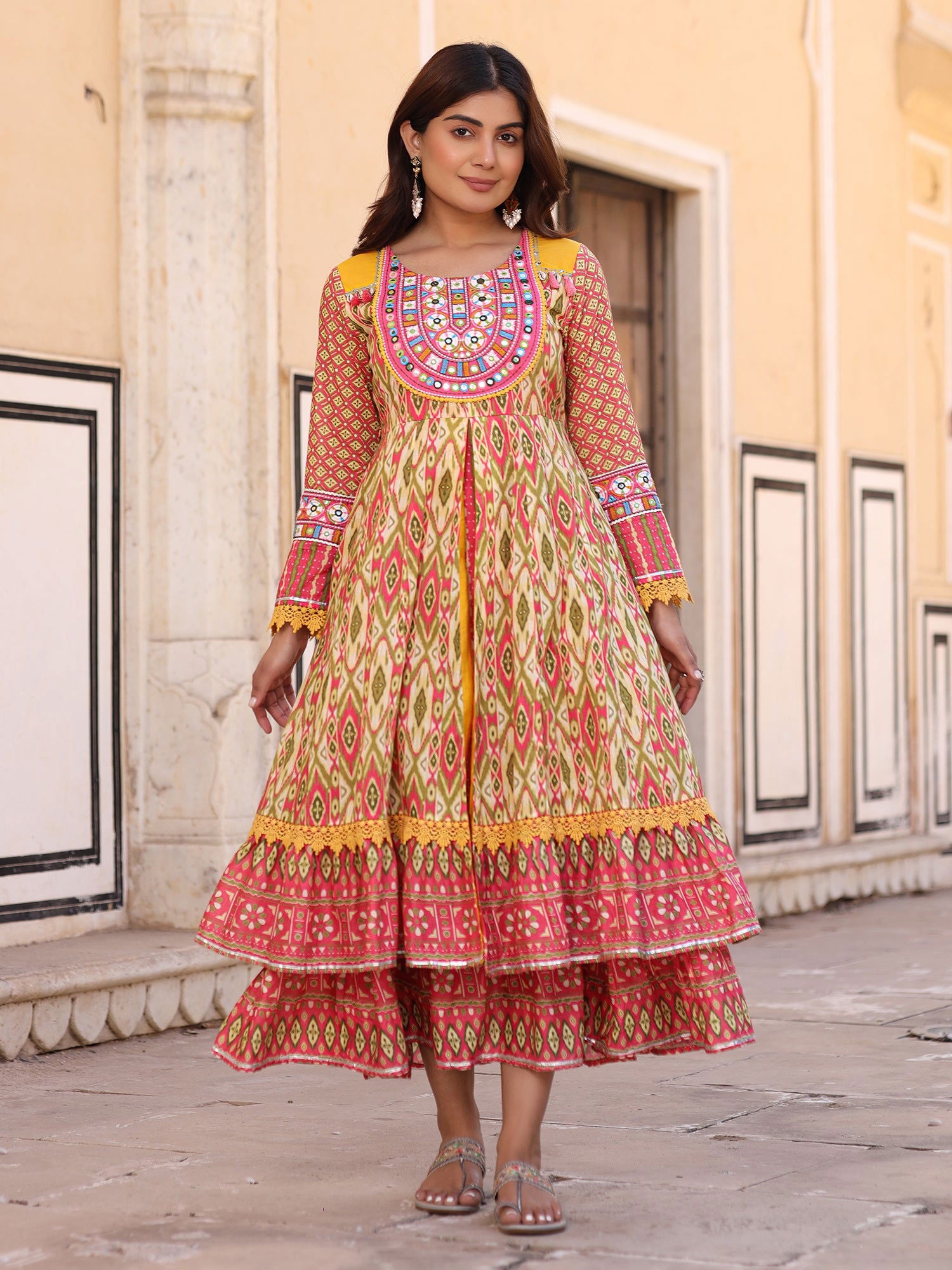 Juniper Green Cotton Ikat Printed Layered Maxi Dress With Thread Embroidery & Dori Tassel Tie-Up At Waist 