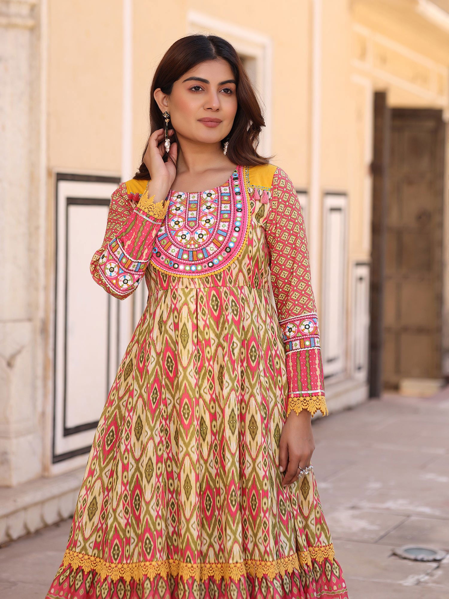 Juniper Green Cotton Ikat Printed Layered Maxi Dress With Thread Embroidery & Dori Tassel Tie-Up At Waist 