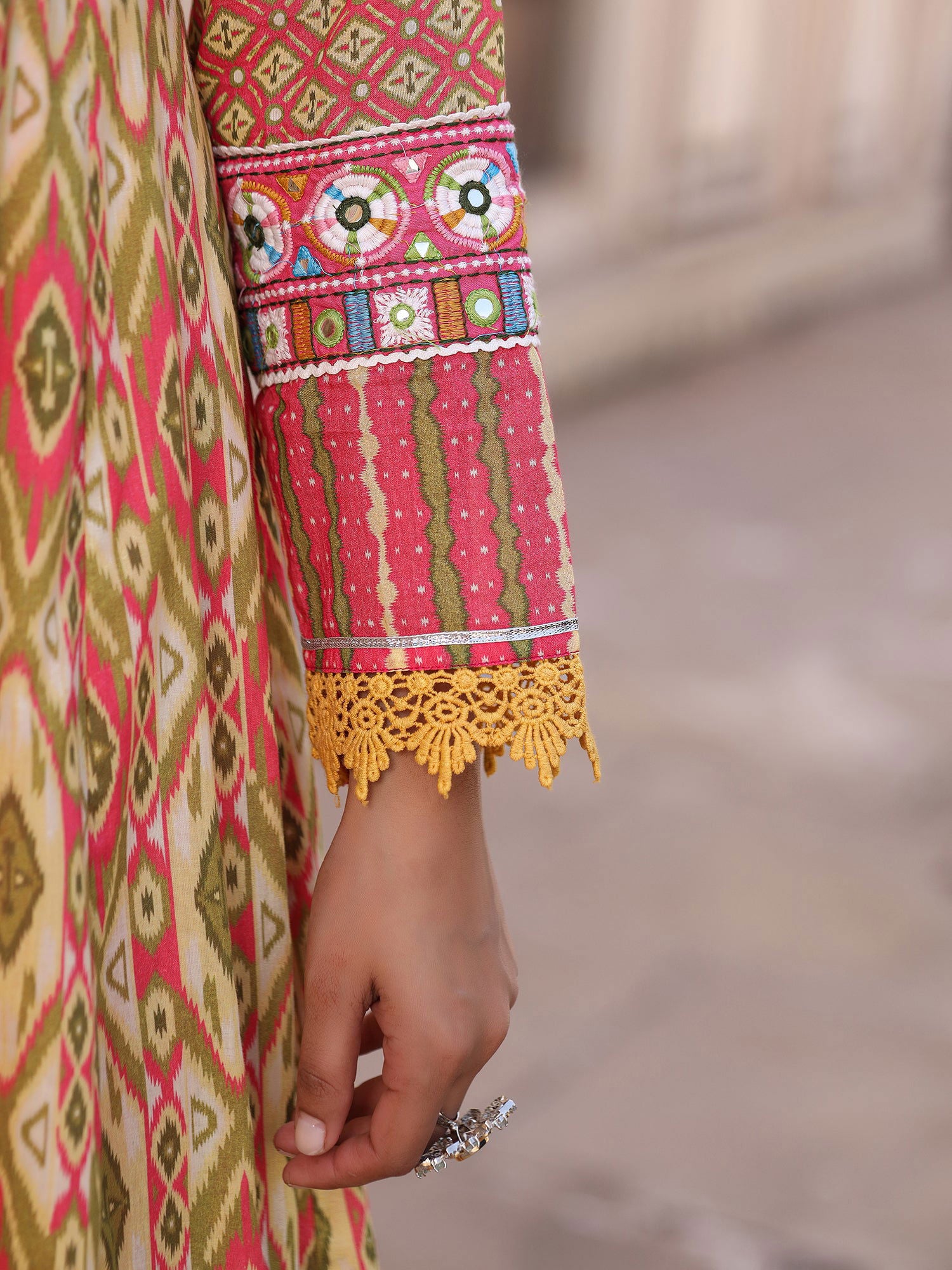 Juniper Green Cotton Ikat Printed Layered Maxi Dress With Thread Embroidery & Dori Tassel Tie-Up At Waist 